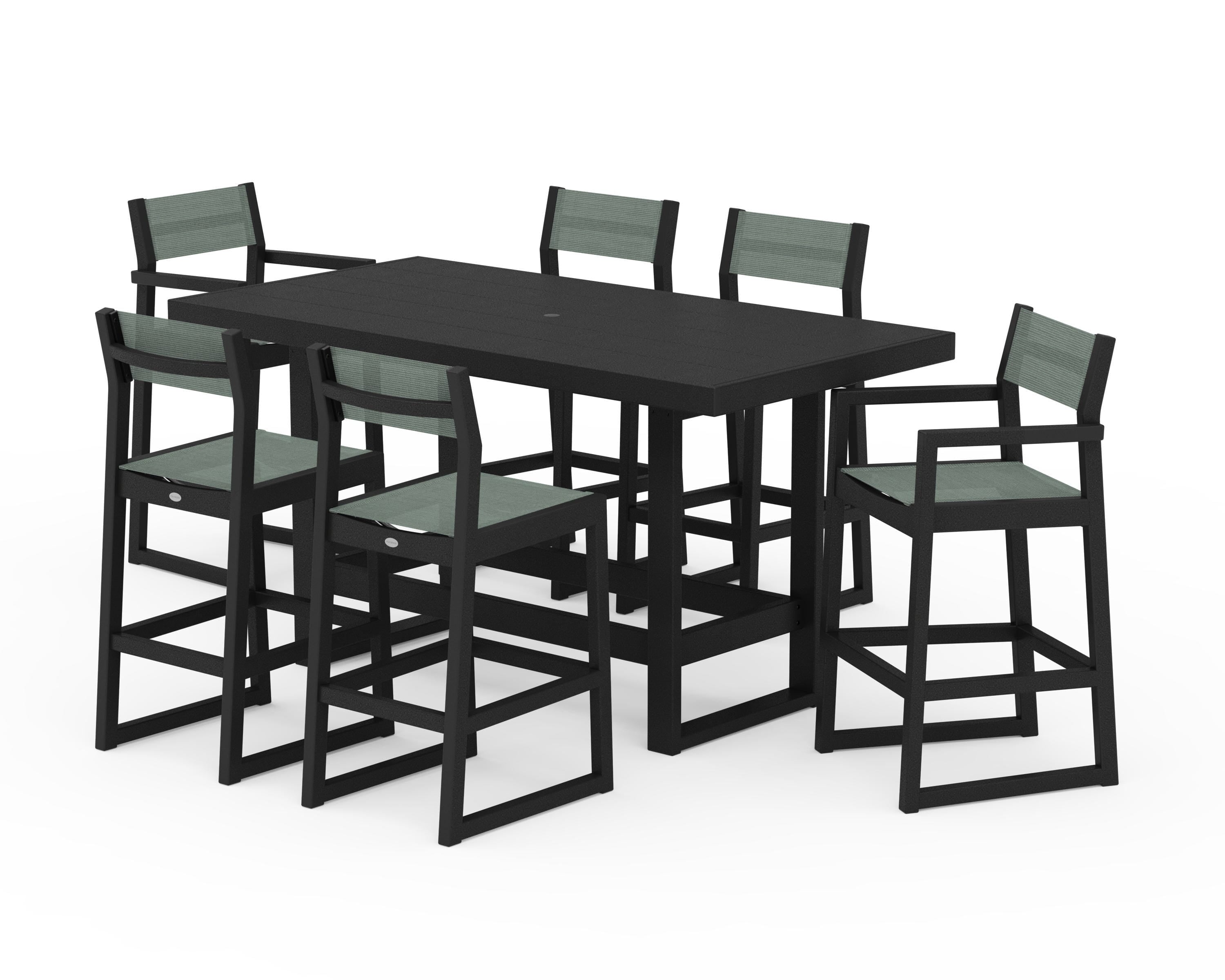 POLYWOOD EDGE Sling 7-Piece Bar Table Set in Black / Dupioni Sea Mist Sling