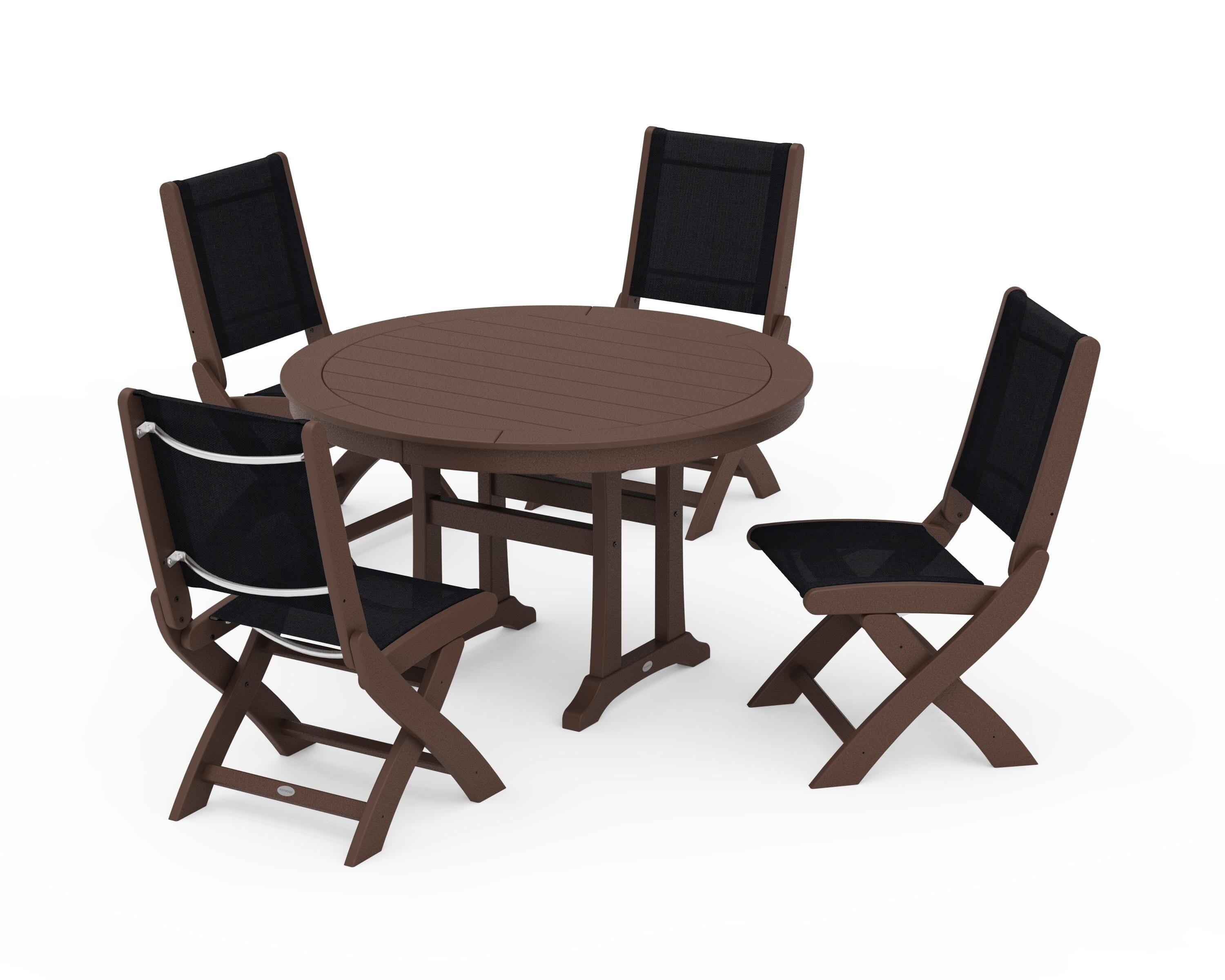 POLYWOOD Coastal Folding Side Chair 5-Piece Round Dining Set With Trestle Legs in Mahogany / Black Sling