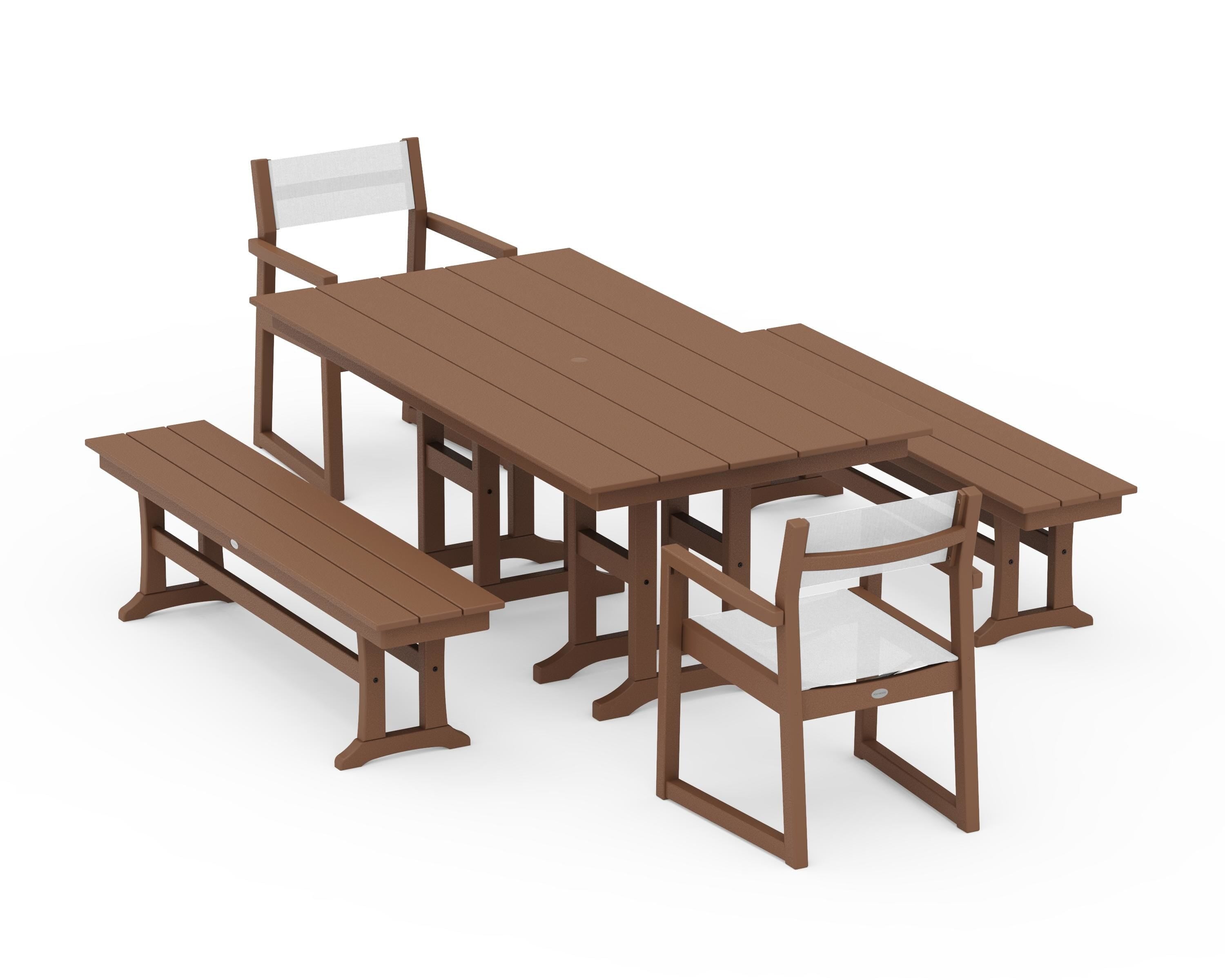 POLYWOOD EDGE Sling Arm Chair 5-Piece Farmhouse Dining Set with Benches in Teak / White Sling