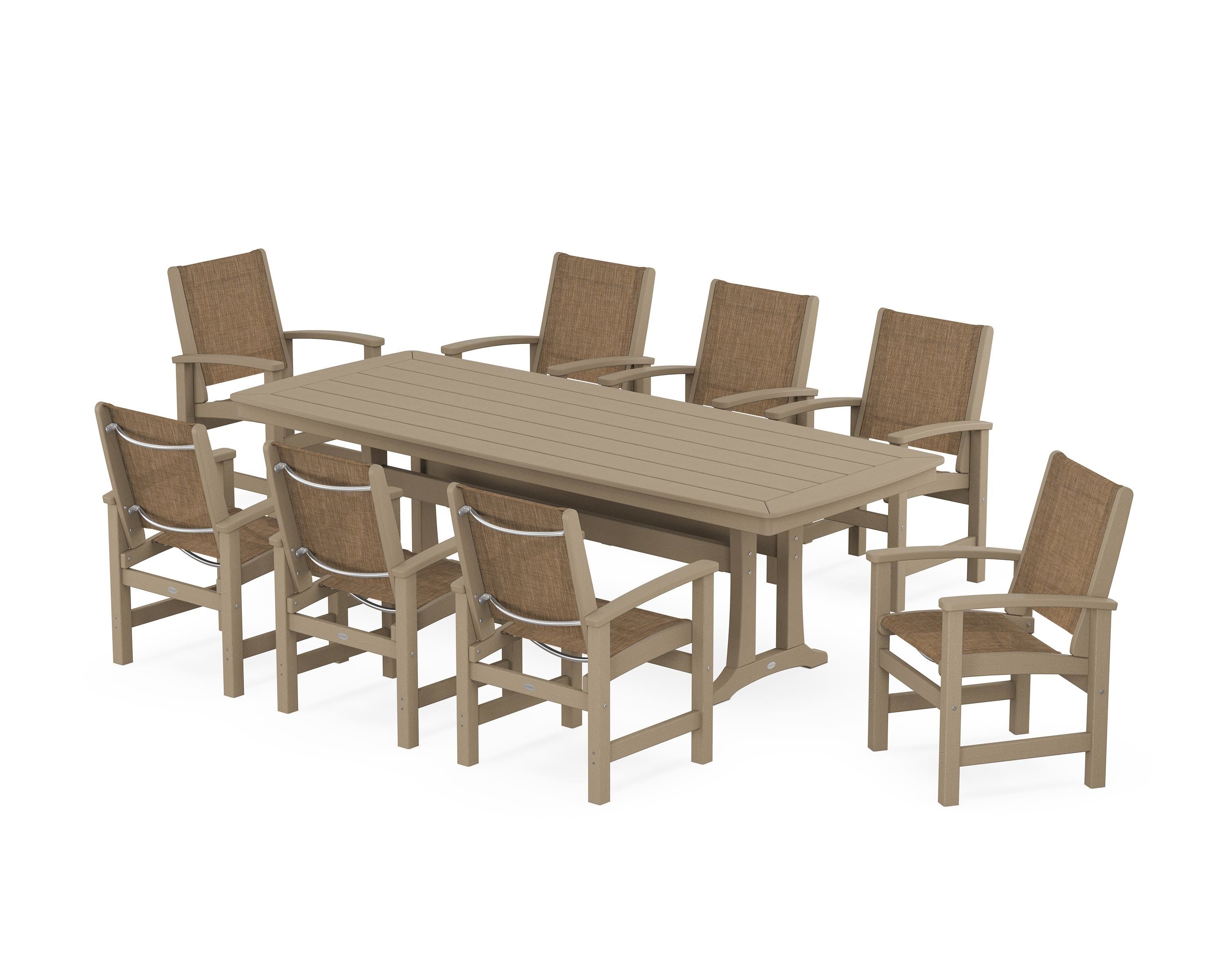 POLYWOOD Coastal 9-Piece Dining Set with Trestle Legs in Vintage Sahara / Burlap Sling