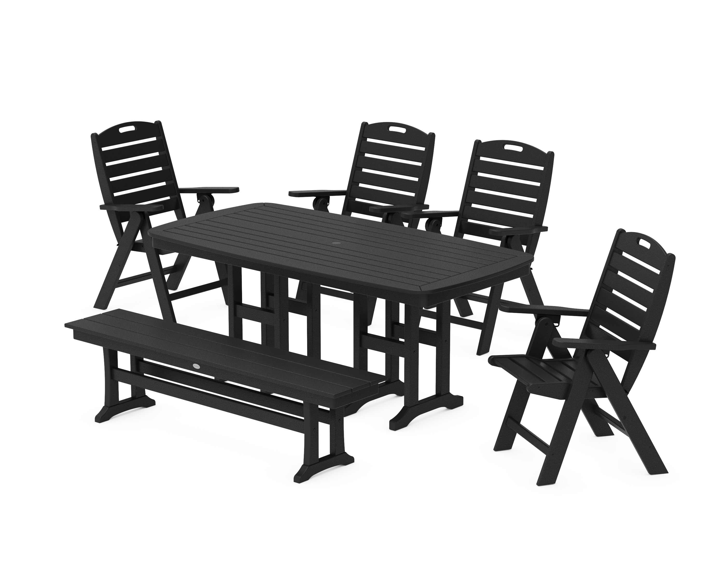 POLYWOOD Nautical Highback 6-Piece Dining Set with Bench in Black
