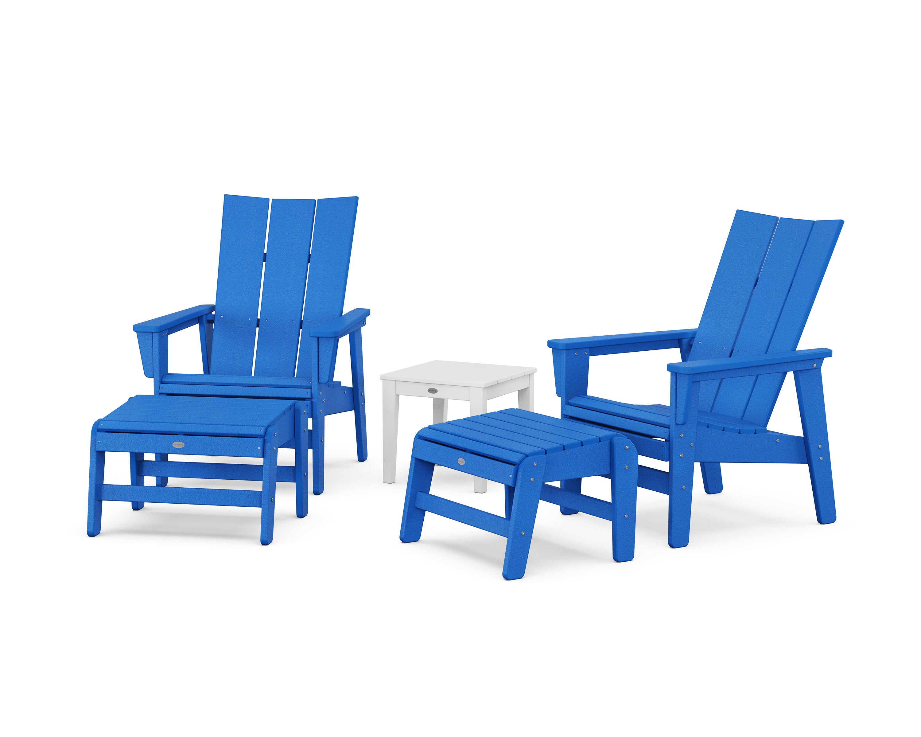 POLYWOOD® 5-Piece Modern Grand Upright Adirondack Set with Ottomans and Side Table in Pacific Blue / White