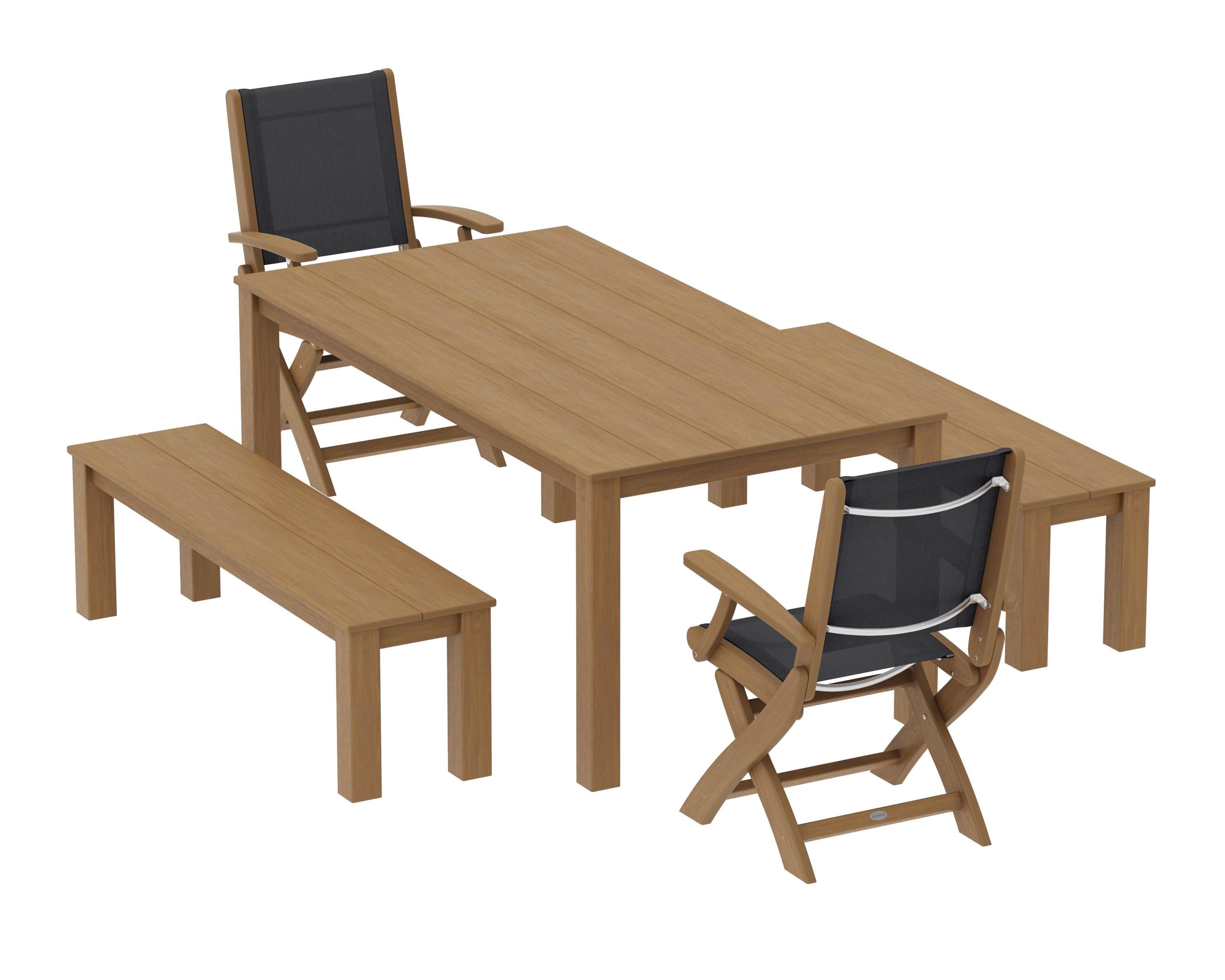 POLYWOOD Coastal Folding Chair 5-Piece Parsons Dining Set with Benches in Natural / Black Sling