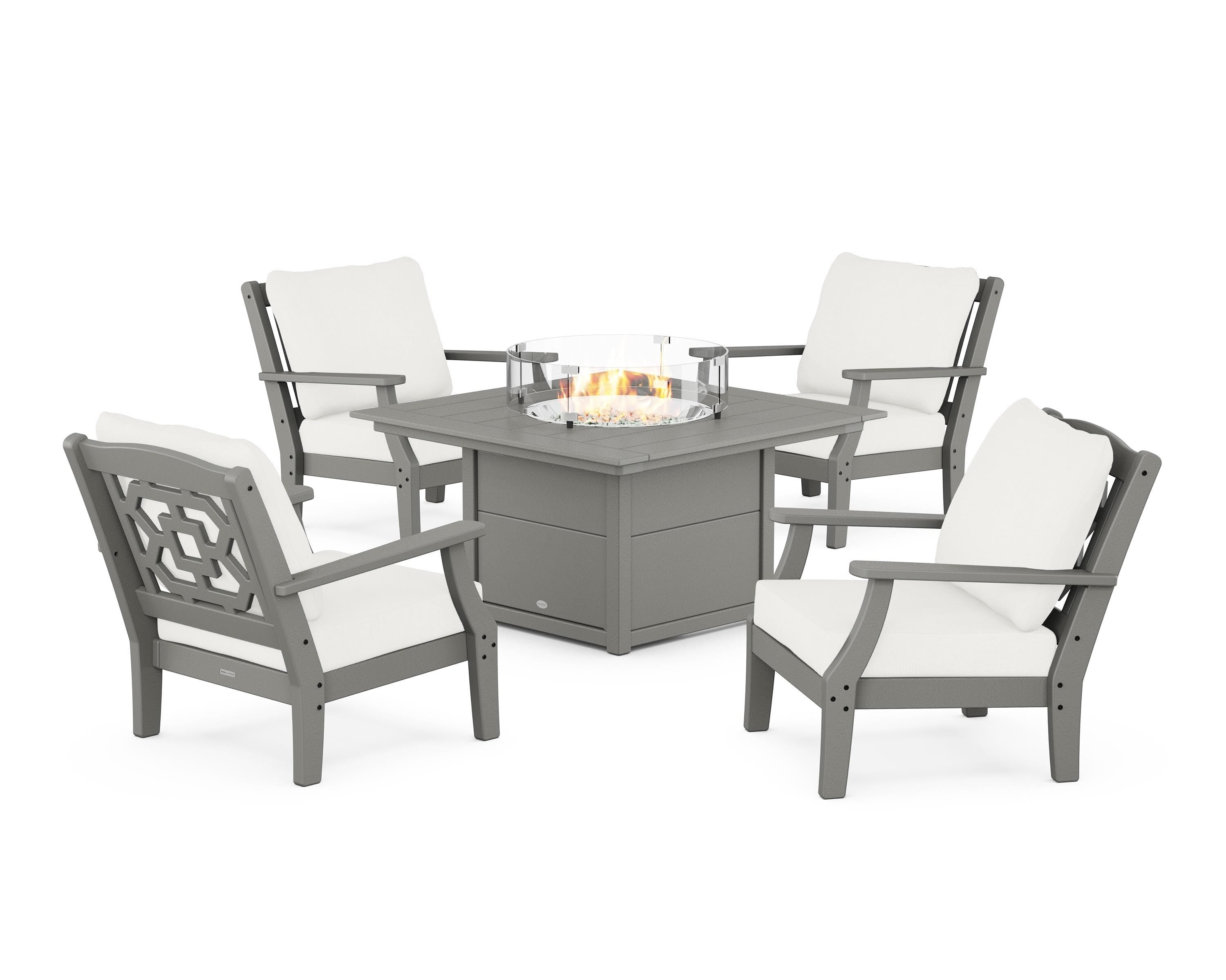 Martha Stewart by POLYWOOD Chinoiserie 5-Piece Deep Seating Set with Fire Pit Table in Slate Grey / Natural Linen