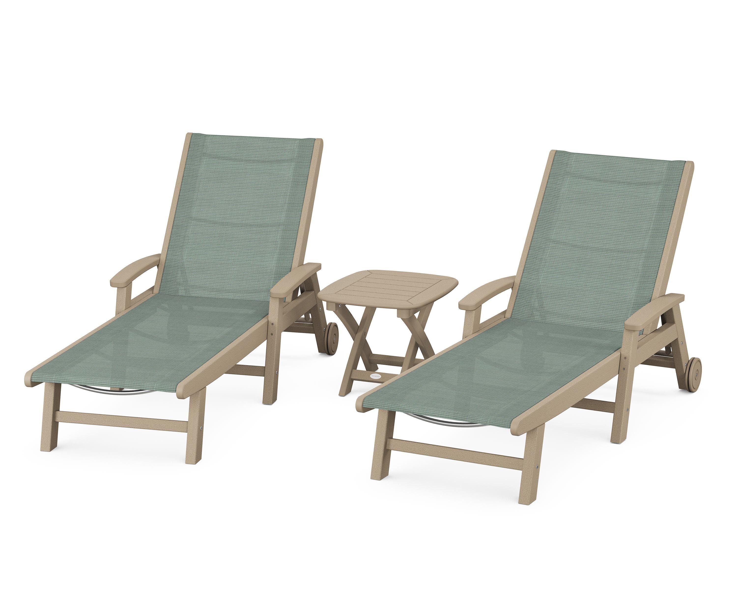 POLYWOOD Coastal 3-Piece Wheeled Chaise Set in Vintage Sahara / Dupioni Sea Mist Sling