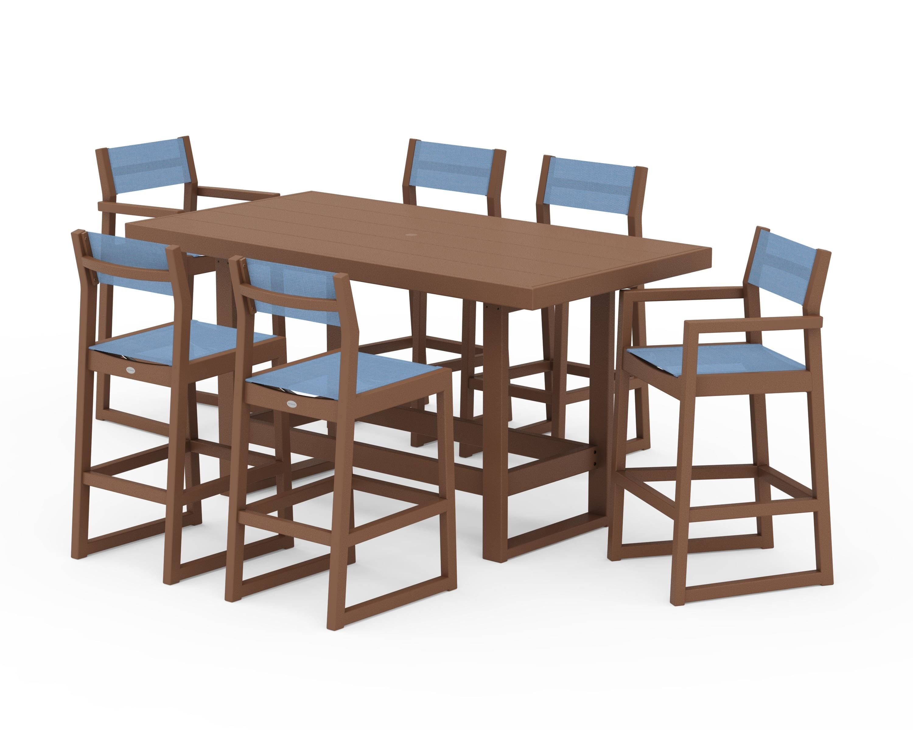 POLYWOOD EDGE Sling 7-Piece Bar Table Set in Teak / Poolside Sling