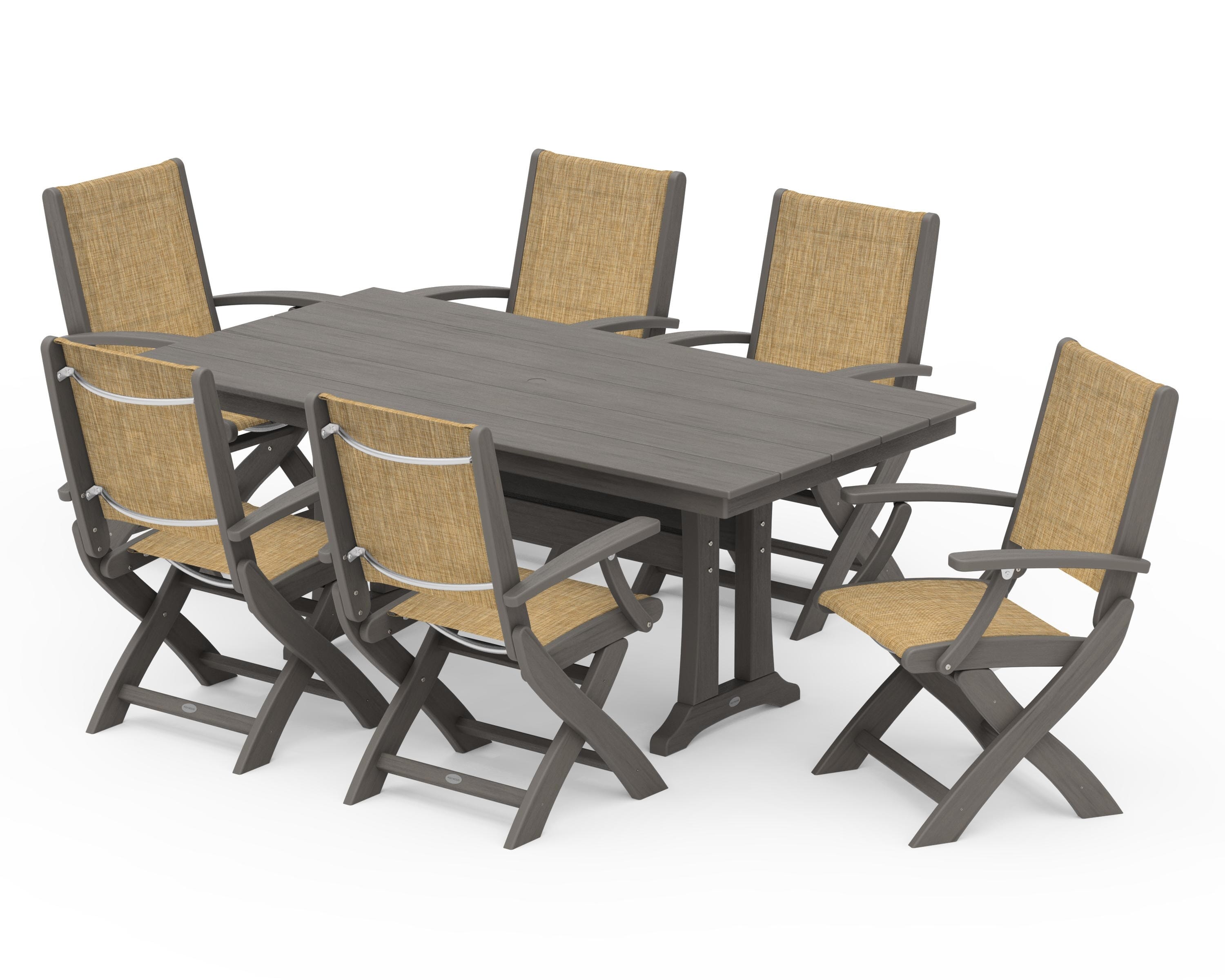 POLYWOOD Coastal Folding Arm Chair 7-Piece Farmhouse Dining Set with Trestle Legs in Driftwood / Burlap Sling