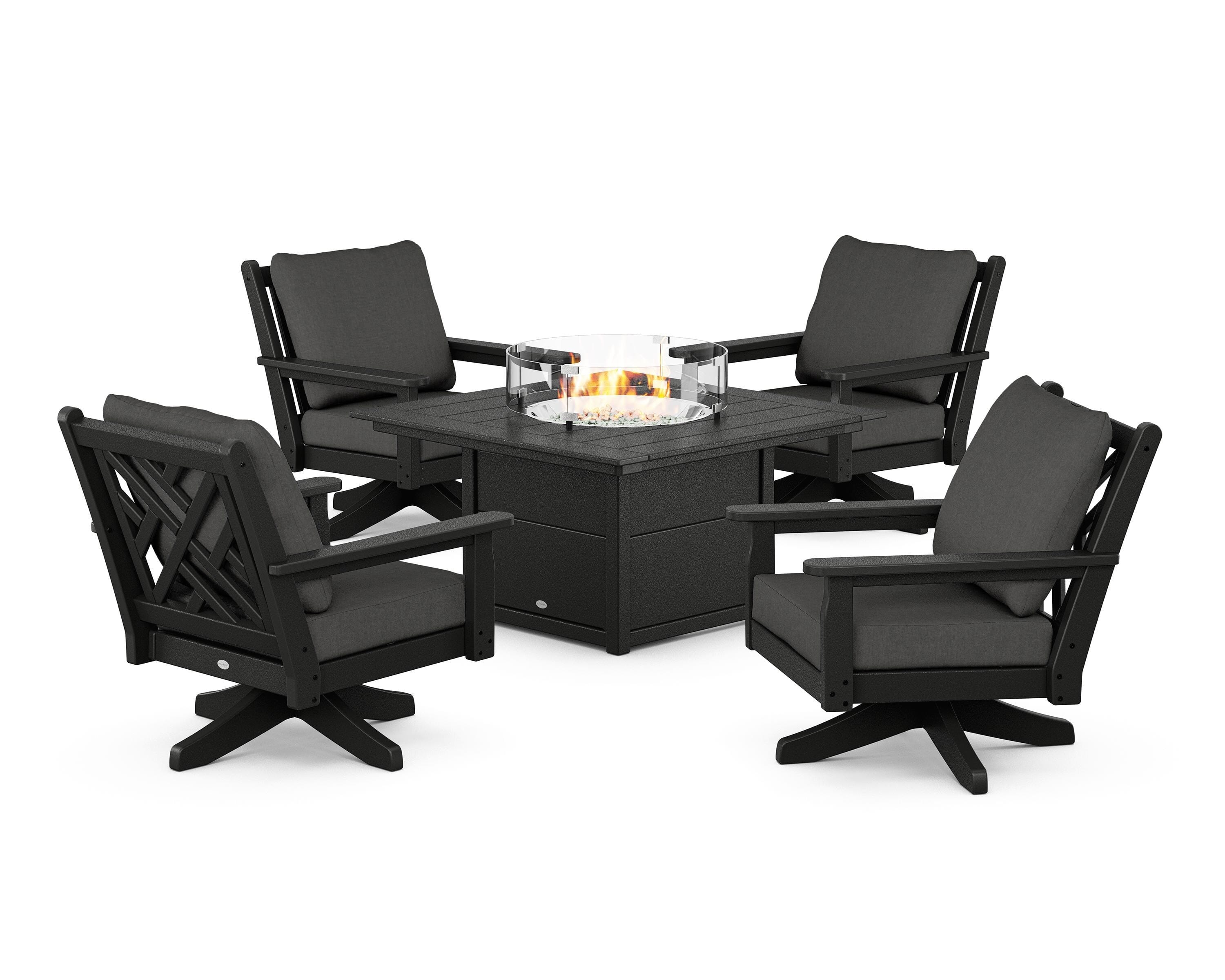 POLYWOOD Chippendale 5-Piece Deep Seating Swivel Conversation Set with Fire Pit Table in Black / Spectrum Carbon