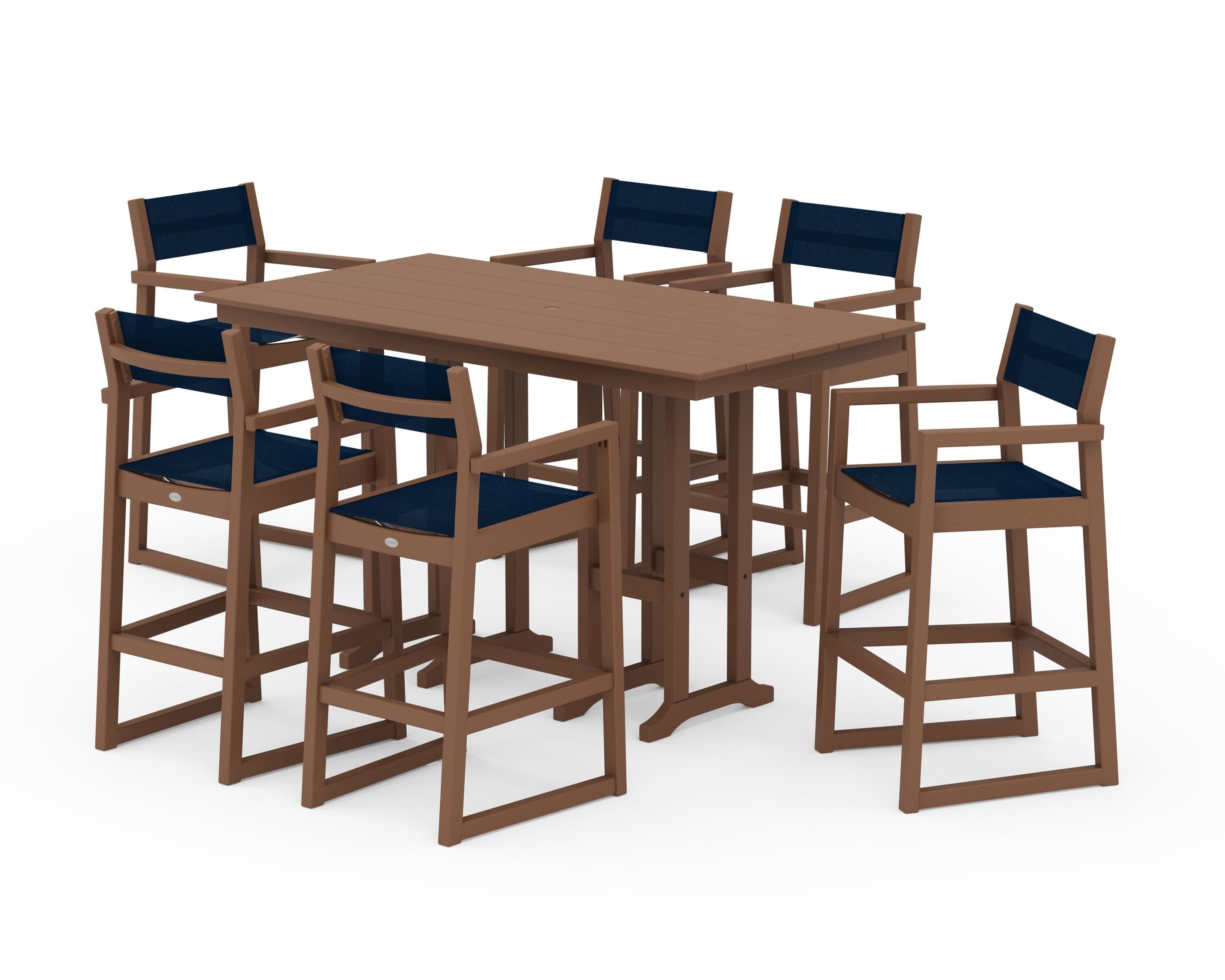 POLYWOOD EDGE Sling Arm Chair 7-Piece Farmhouse Bar Set in Teak / Navy Blue Sling
