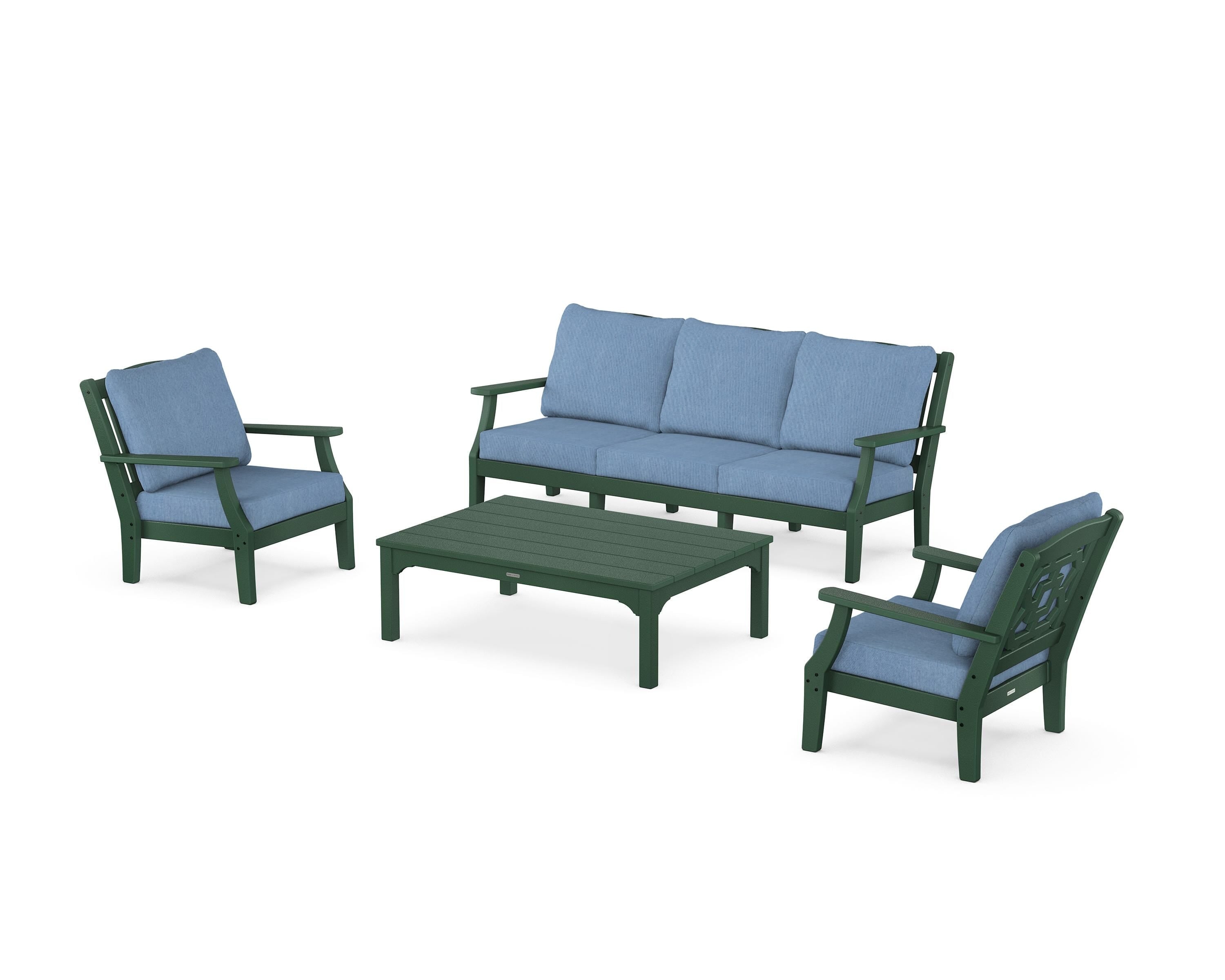 Martha Stewart by POLYWOOD Chinoiserie 4-Piece Deep Seating Set with Sofa in Green / Sky Blue