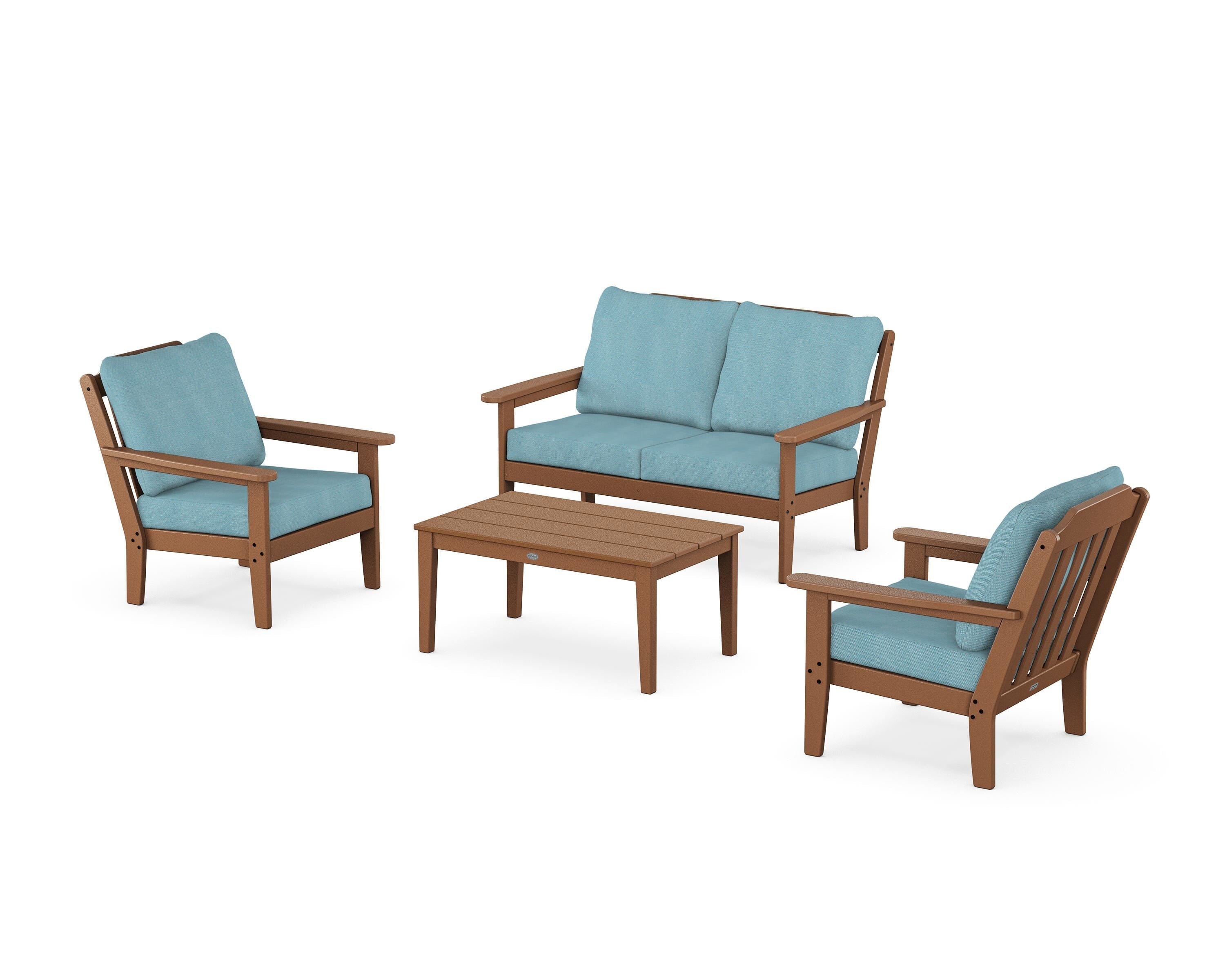 Country Living Cottage 4-Piece Deep Seating Set with Loveseat in Teak / Lattice Sky Blue