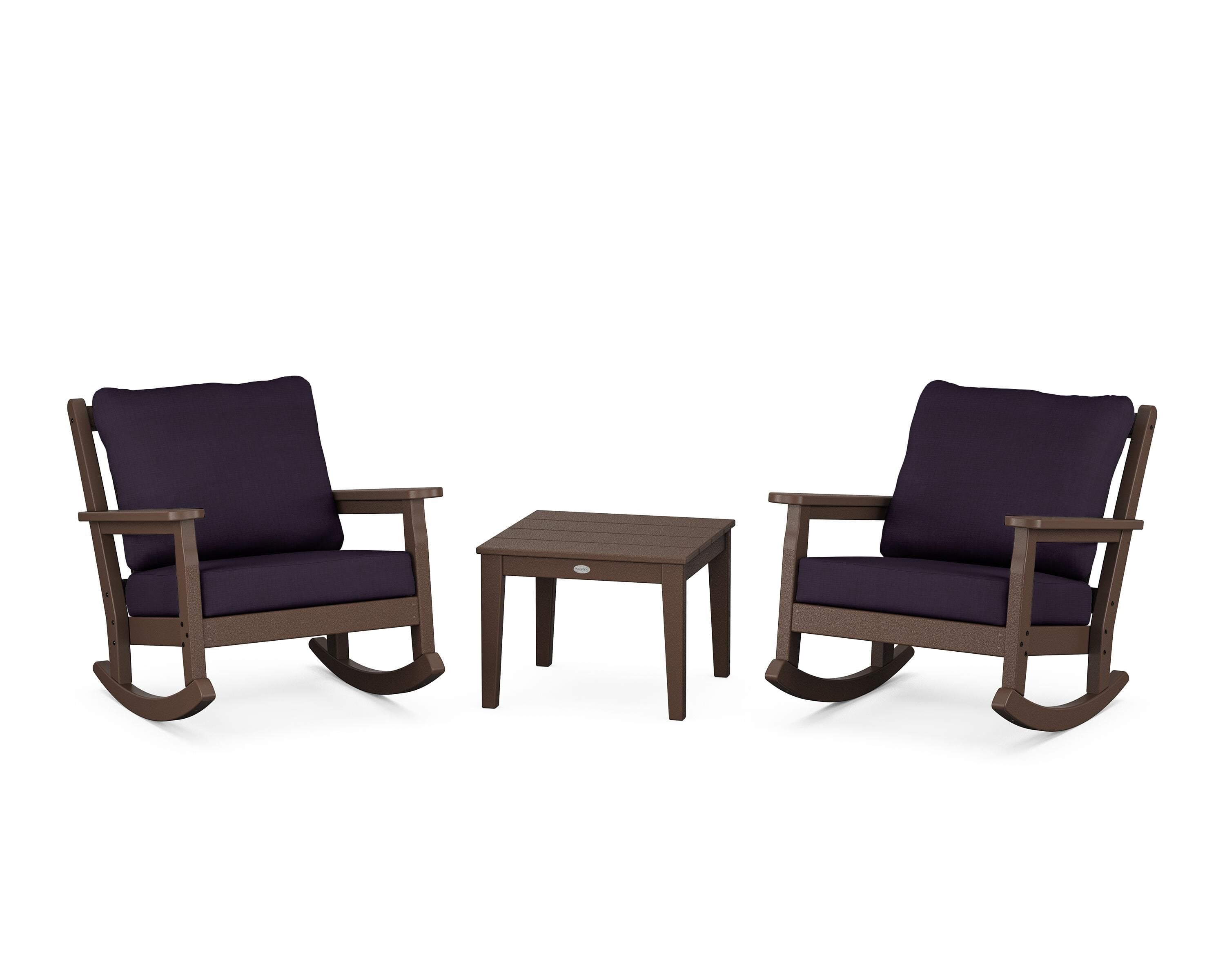 POLYWOOD Chippendale 3-Piece Deep Seating Rocker Set in Mahogany / Navy Linen