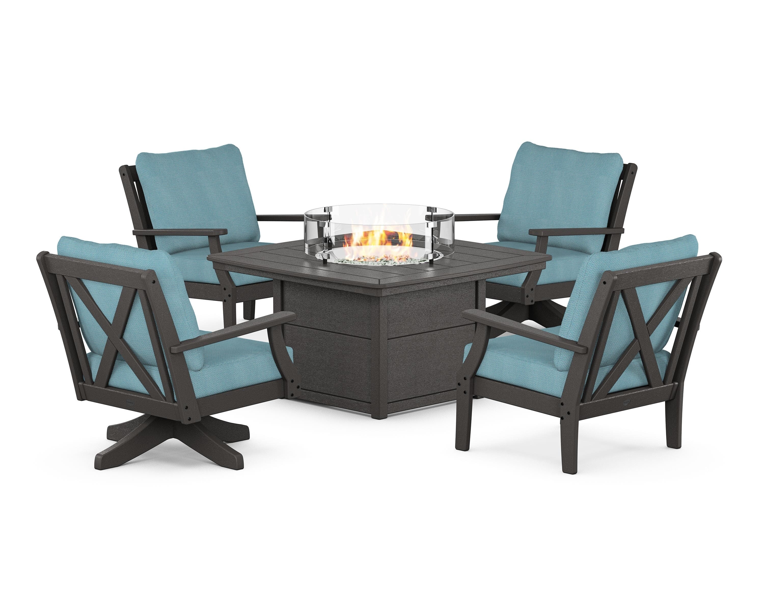 POLYWOOD Braxton 5-Piece Deep Seating Set with Fire Table in Vintage Coffee / Lattice Sky Blue