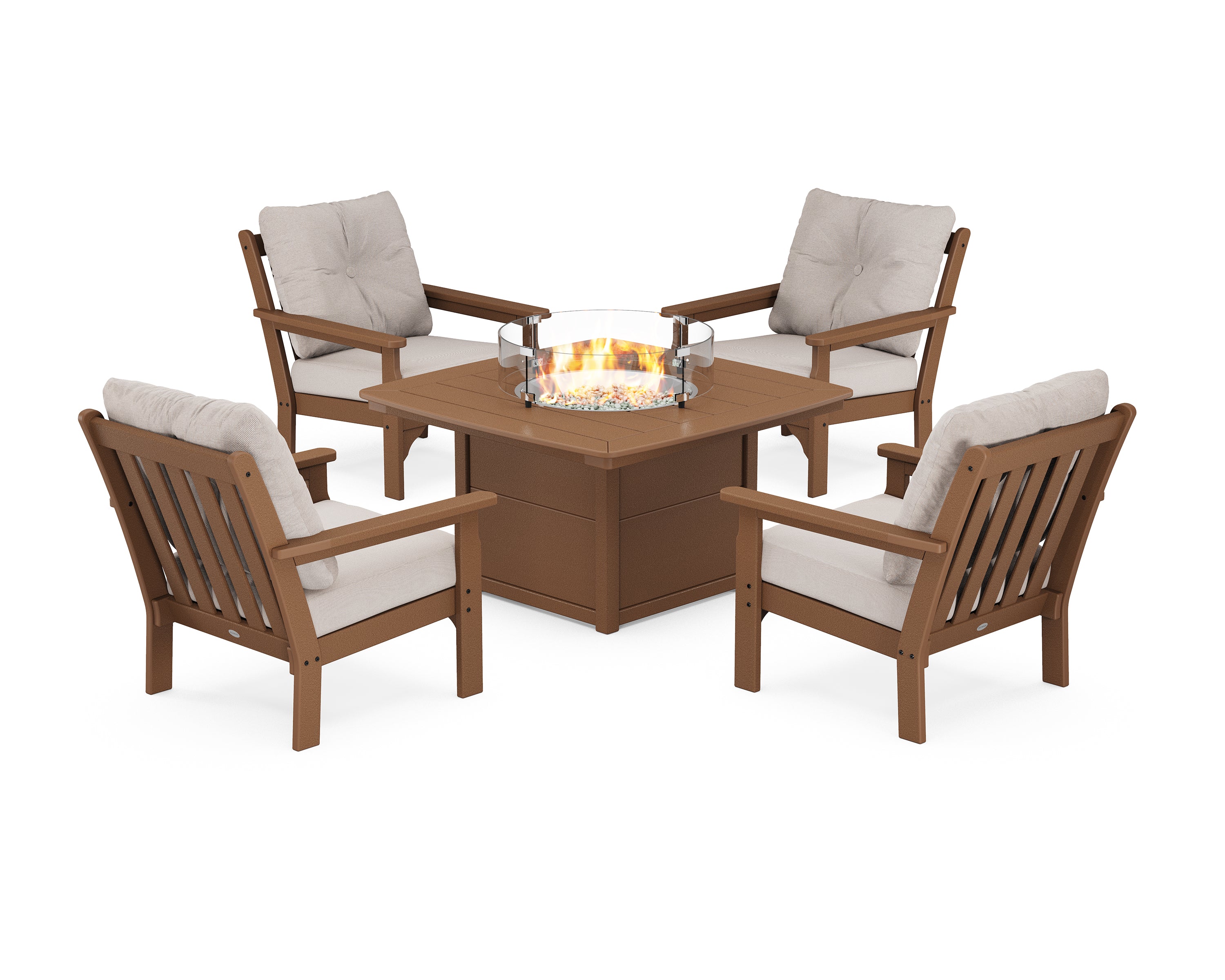 POLYWOOD Vineyard 5-Piece Conversation Set with Fire Pit Table in Teak / Dune Burlap
