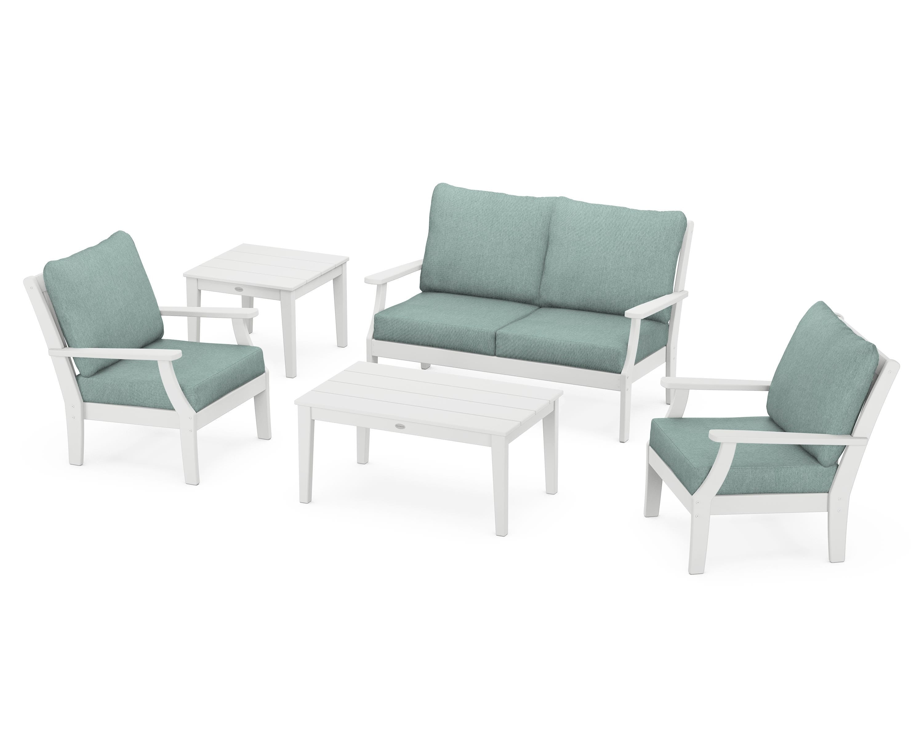 POLYWOOD Braxton 5-Piece Deep Seating Set in White / Glacier Spa