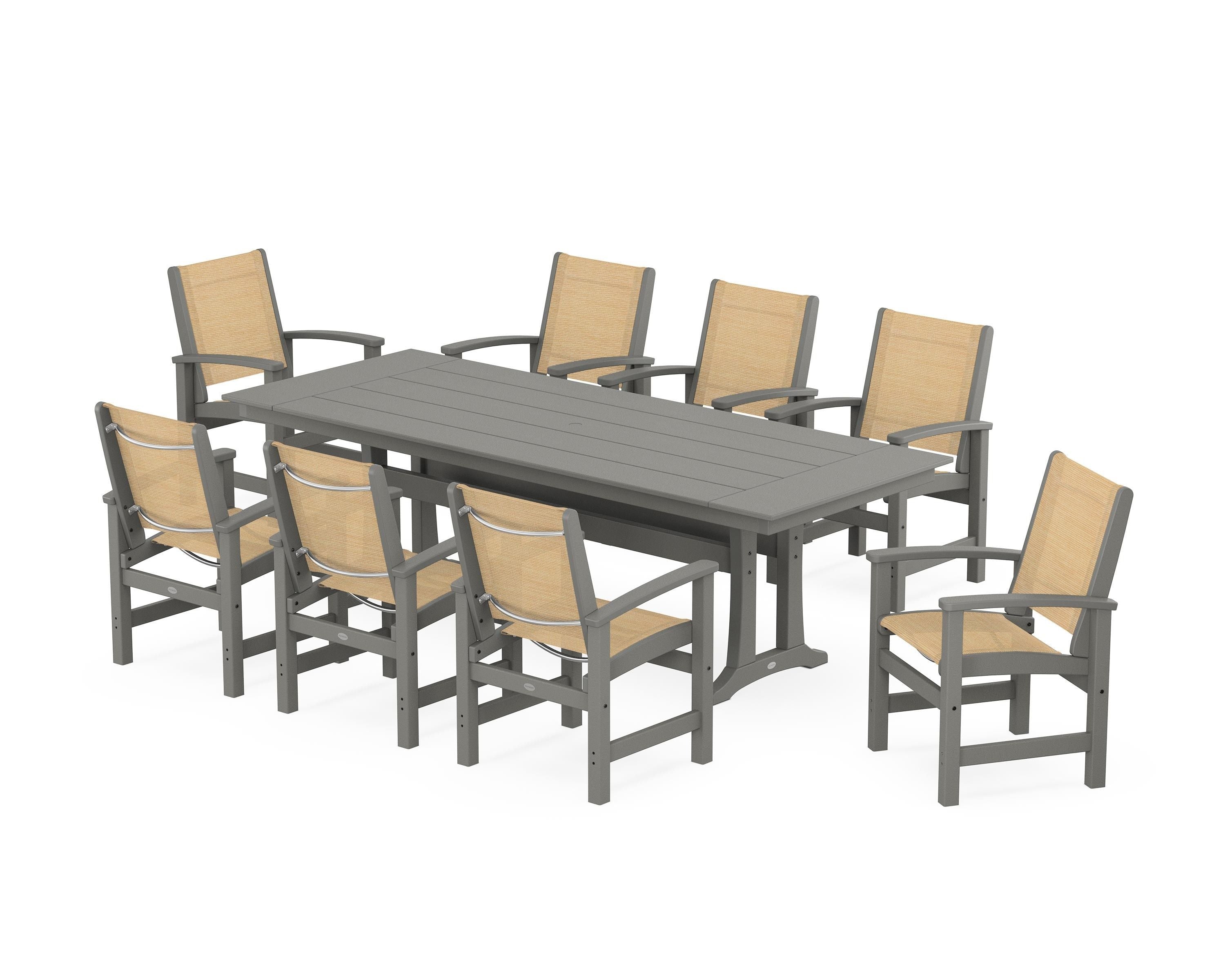 POLYWOOD Coastal 9-Piece Farmhouse Dining Set with Trestle Legs in Slate Grey / Dupioni Apricot Sling