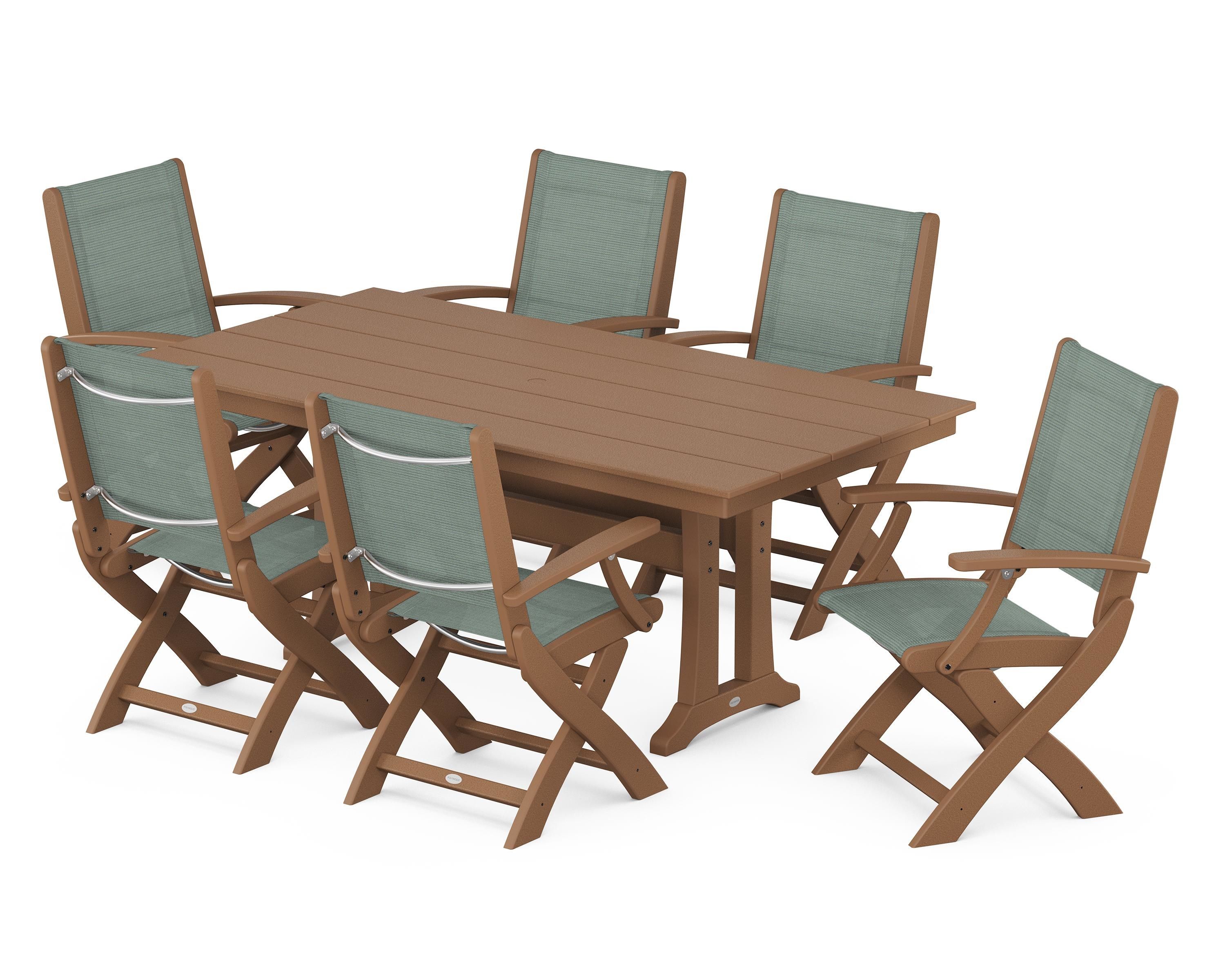 POLYWOOD Coastal Folding Arm Chair 7-Piece Farmhouse Dining Set with Trestle Legs in Teak / Dupioni Sea Mist Sling
