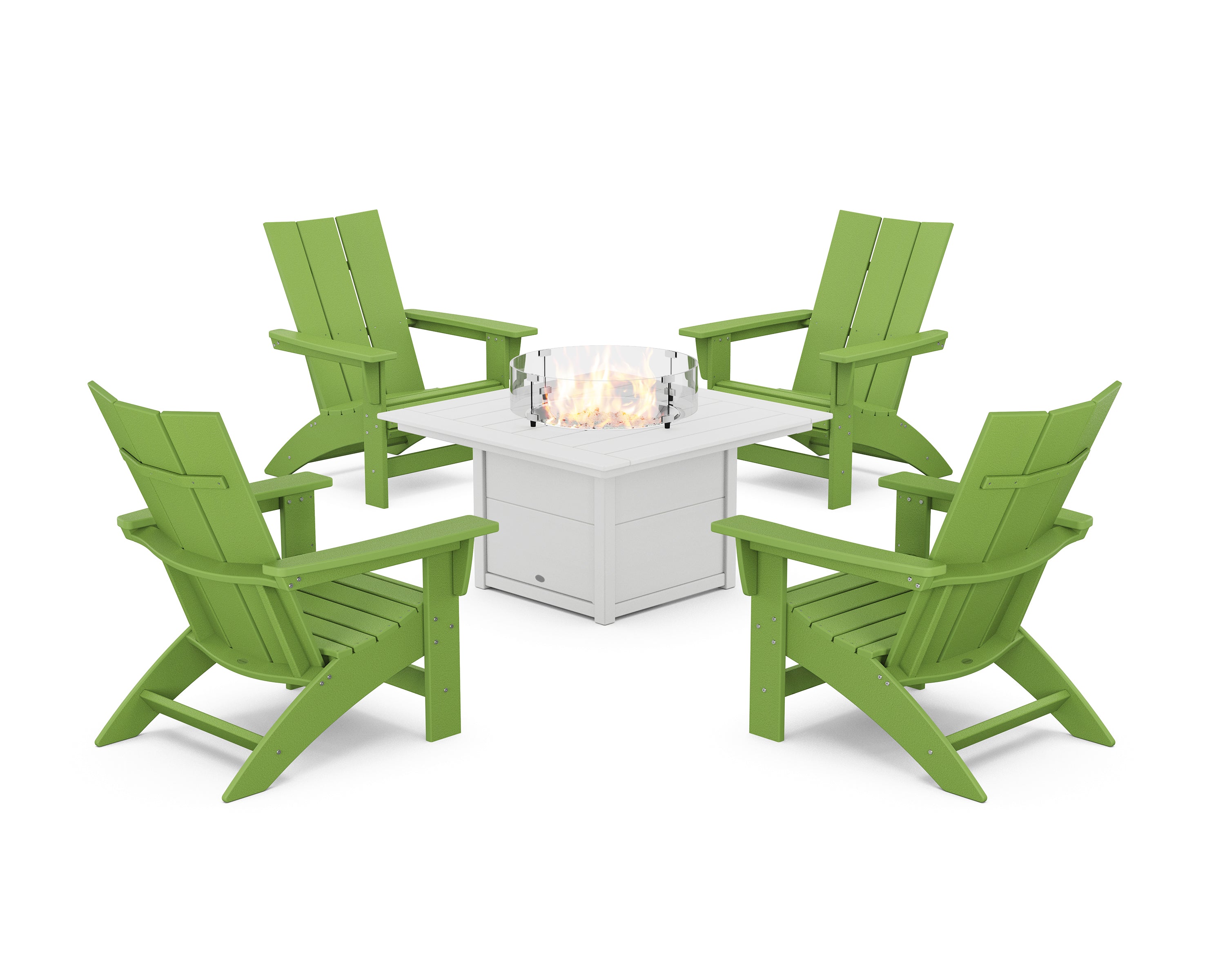 POLYWOOD® 5-Piece Modern Grand Adirondack Conversation Set with Fire Pit Table in Lime / White