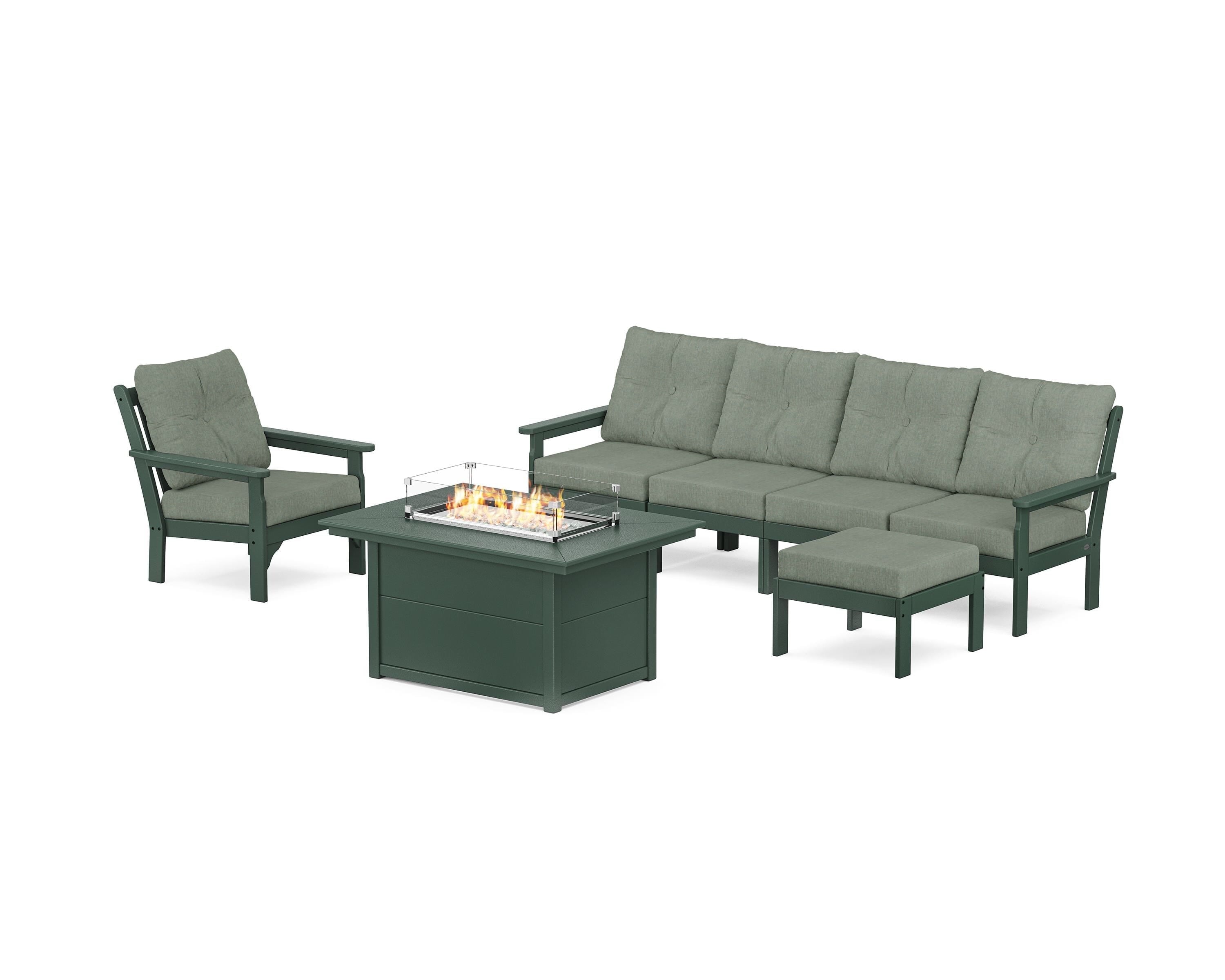 POLYWOOD Vineyard Sectional Lounge and Fire Pit Set in Green / Cast Sage