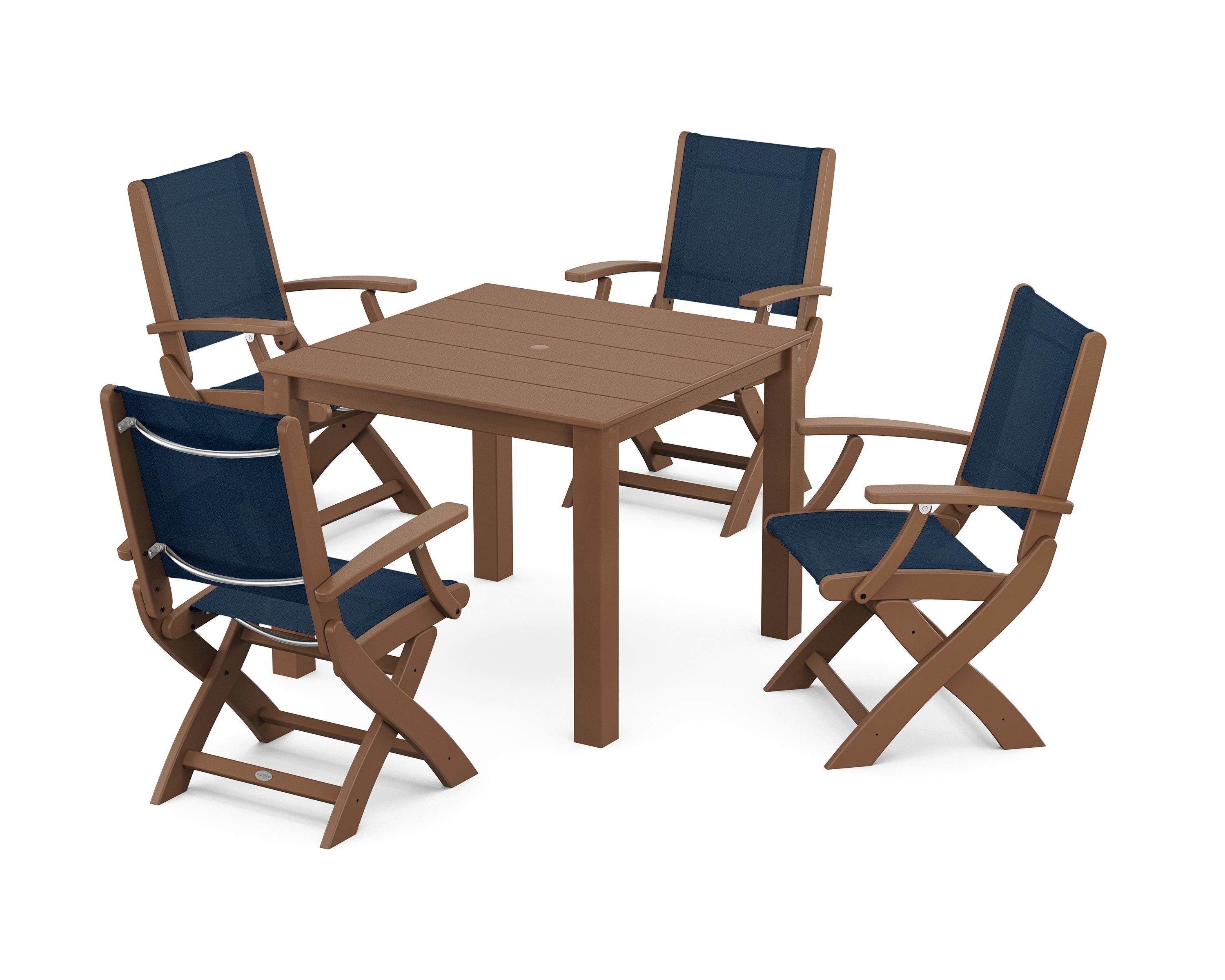 POLYWOOD Coastal Folding Chair 5-Piece Parsons Dining Set in Teak / Navy Blue Sling