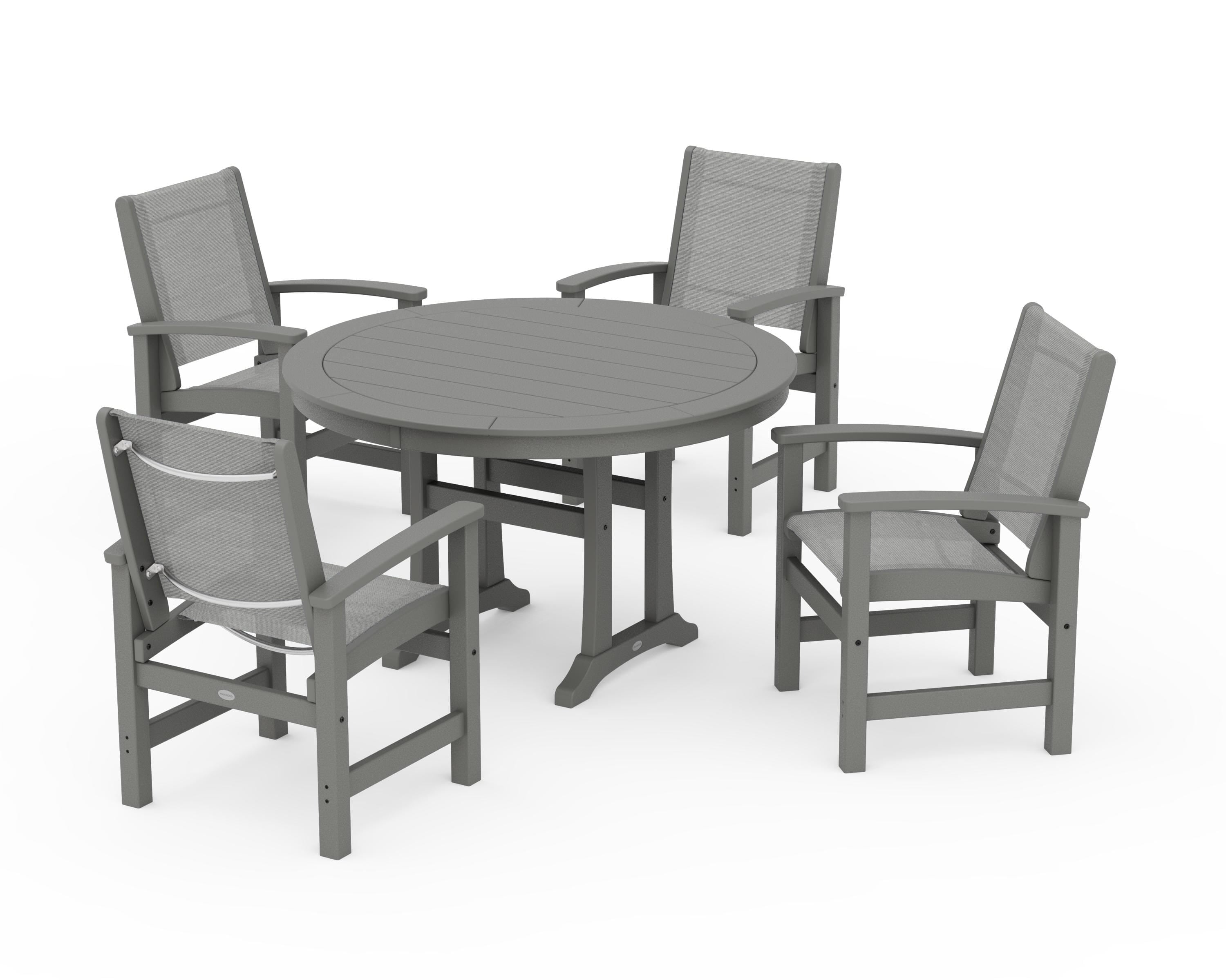POLYWOOD Coastal 5-Piece Round Dining Set with Trestle Legs in Slate Grey / Metallic Sling