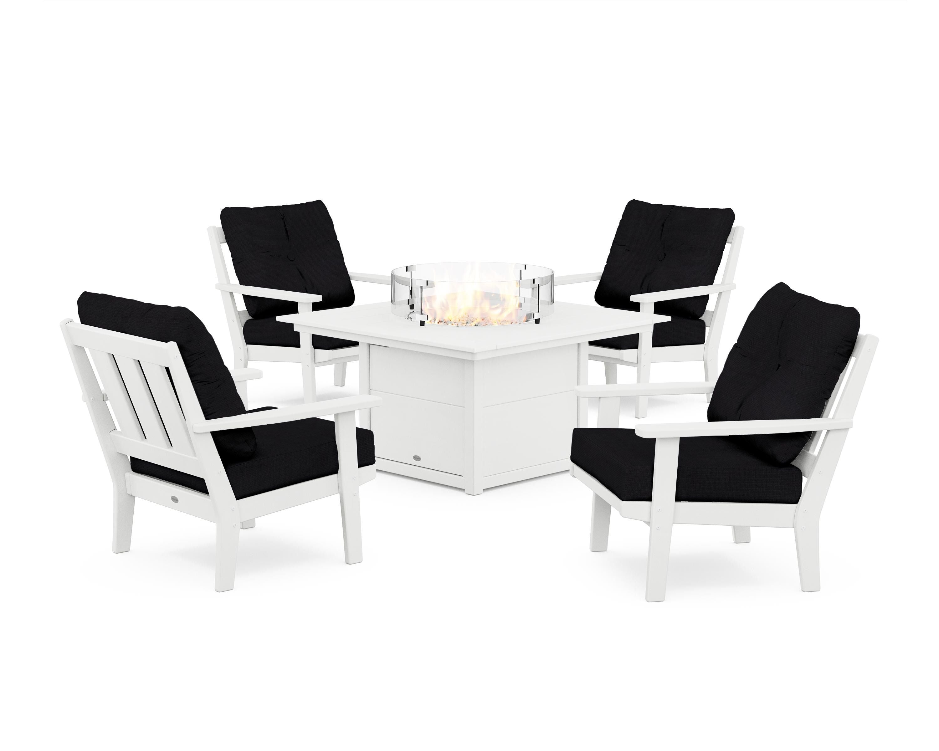 POLYWOOD Oxford 5-Piece Deep Seating Set with Fire Pit Table in White / Midnight Linen