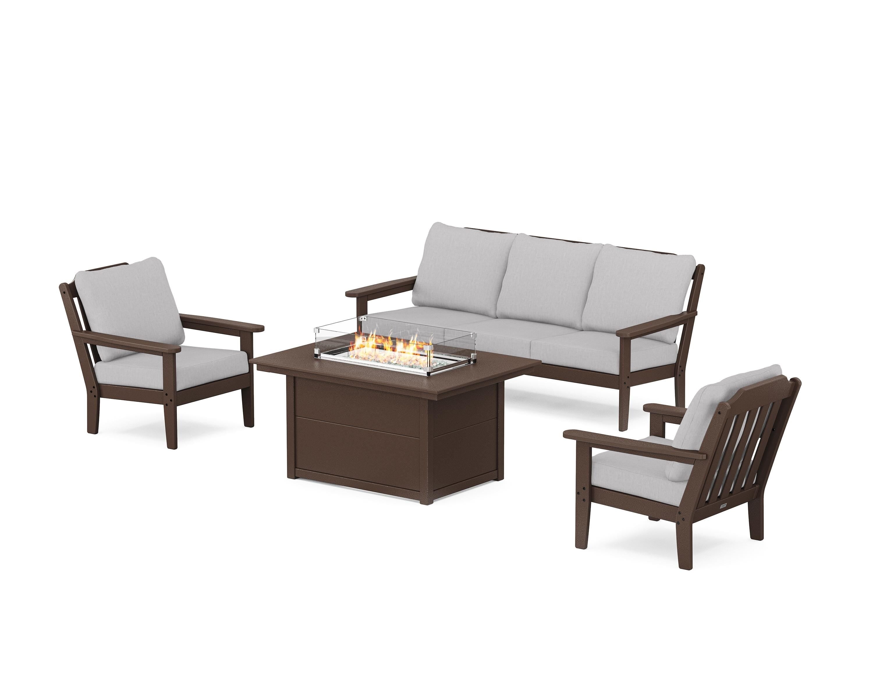 Country Living Cottage Deep Seating Fire Pit Table Set in Mahogany / Granite