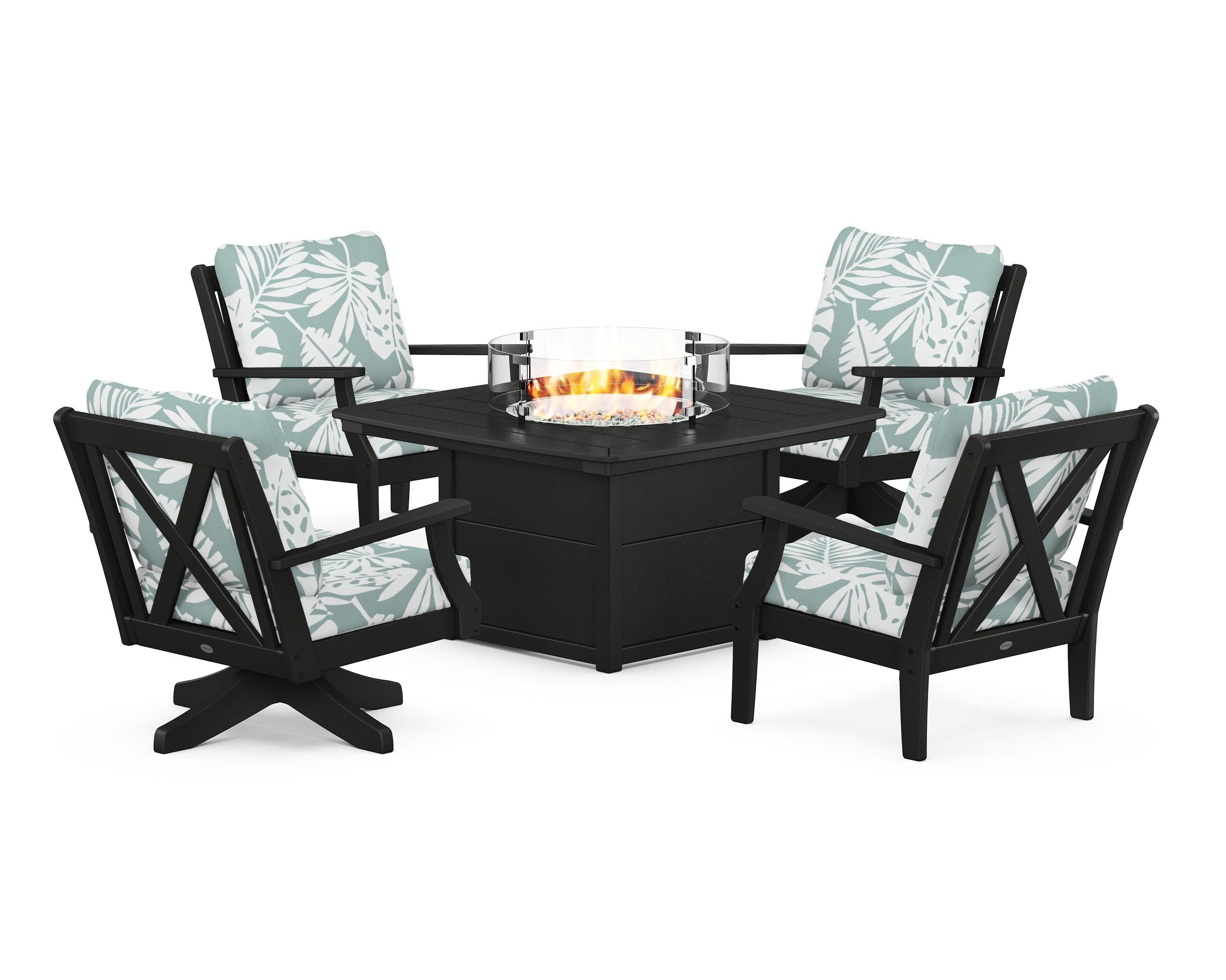 POLYWOOD Braxton 5-Piece Deep Seating Set with Fire Table in Black / Leaf Glacier Spa