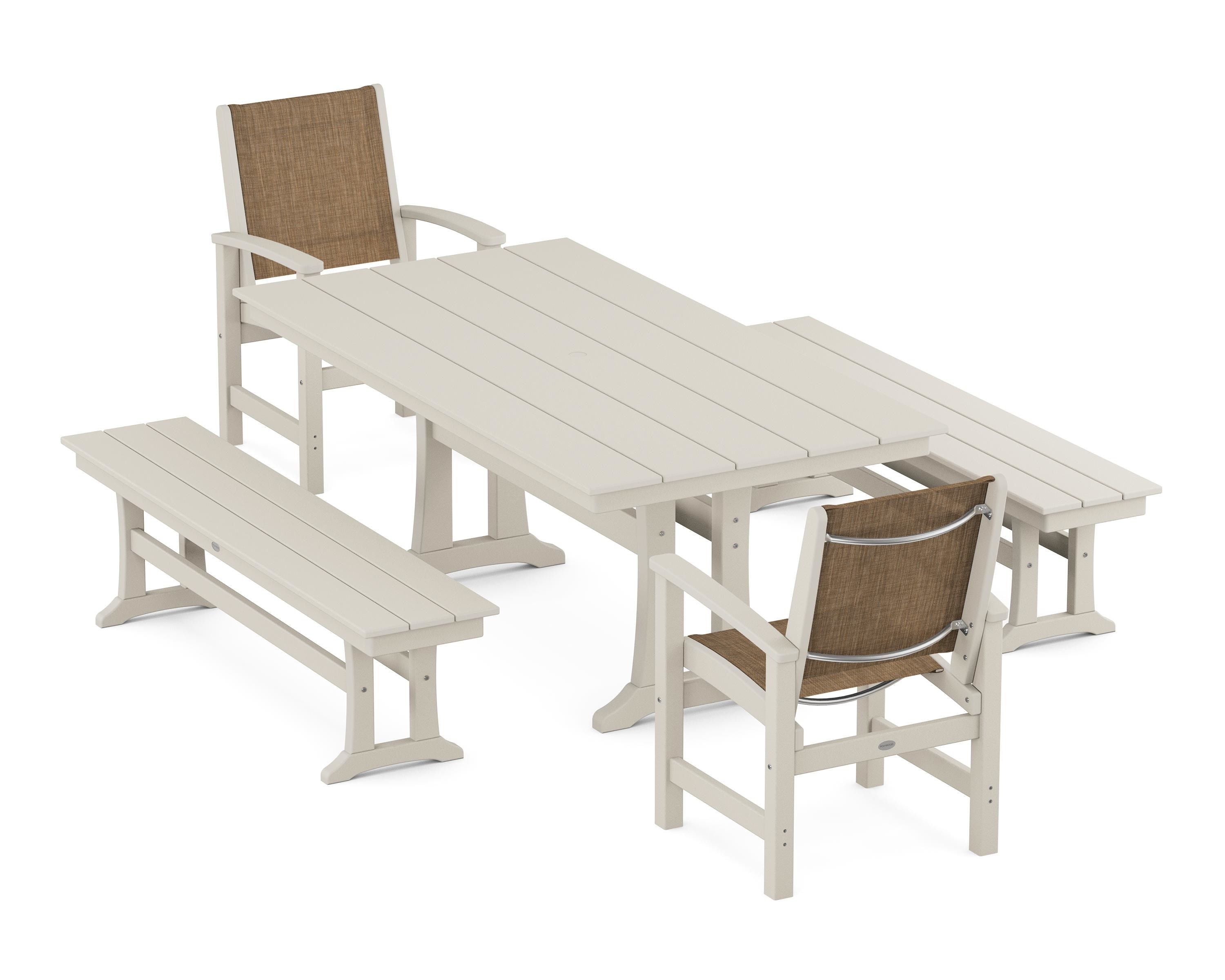 POLYWOOD Coastal 5-Piece Farmhouse Dining Set with Trestle Legs and Benches in Sand / Burlap Sling