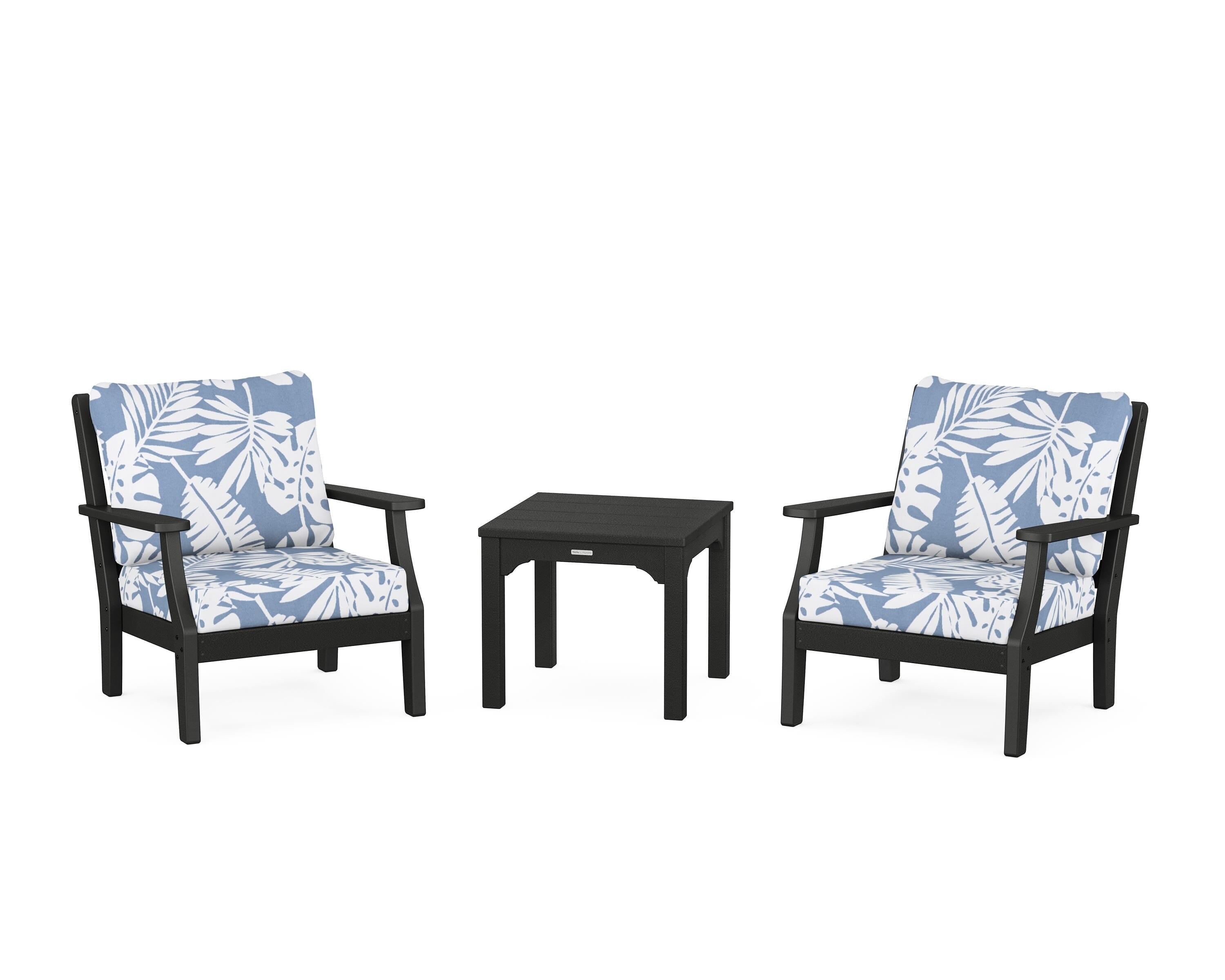 Martha Stewart by POLYWOOD Chinoiserie 3-Piece Deep Seating Set in Black / Leaf Sky Blue