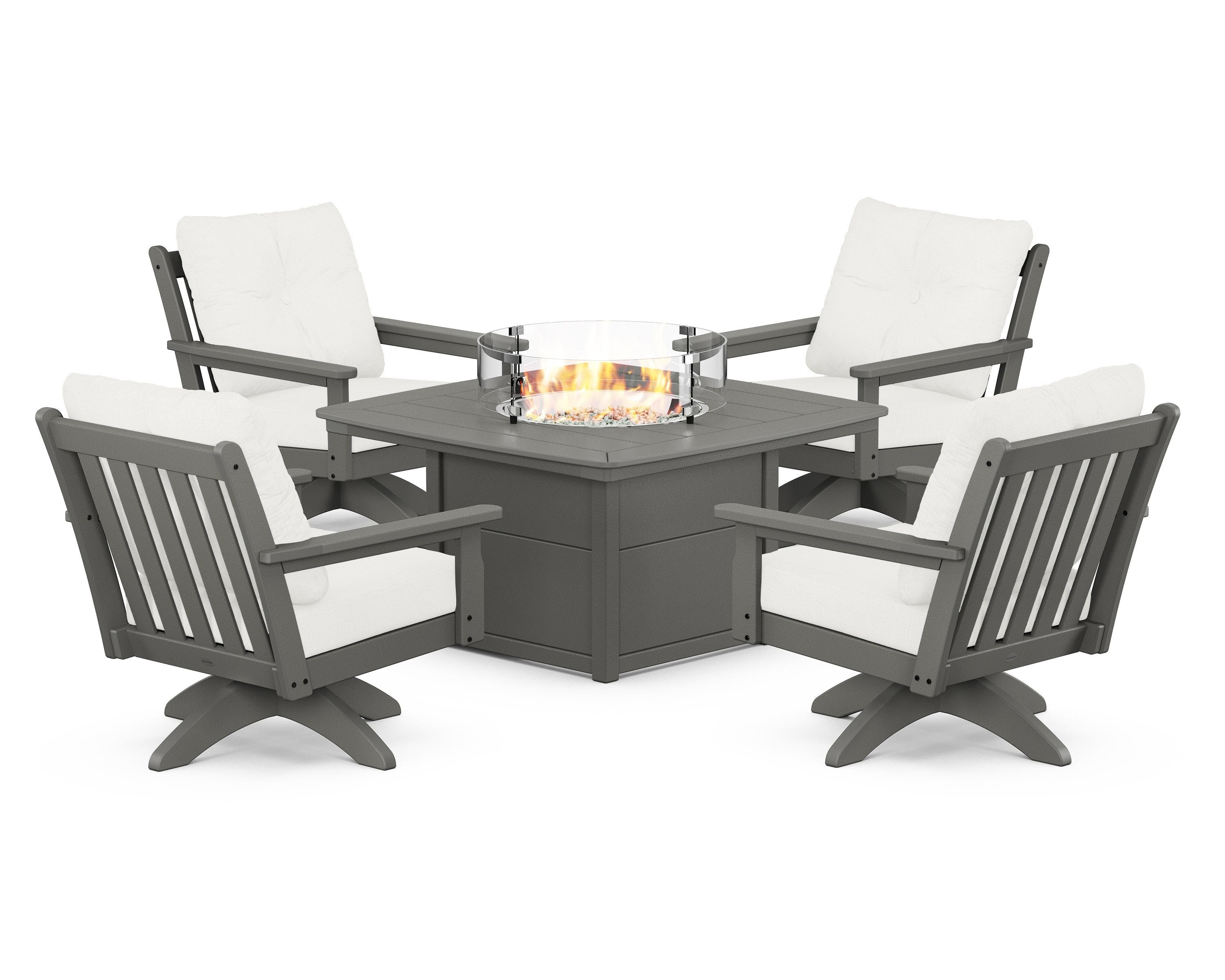 POLYWOOD Vineyard 5-Piece Deep Seating Swivel Conversation Set with Fire Pit Table in Slate Grey / Natural Linen