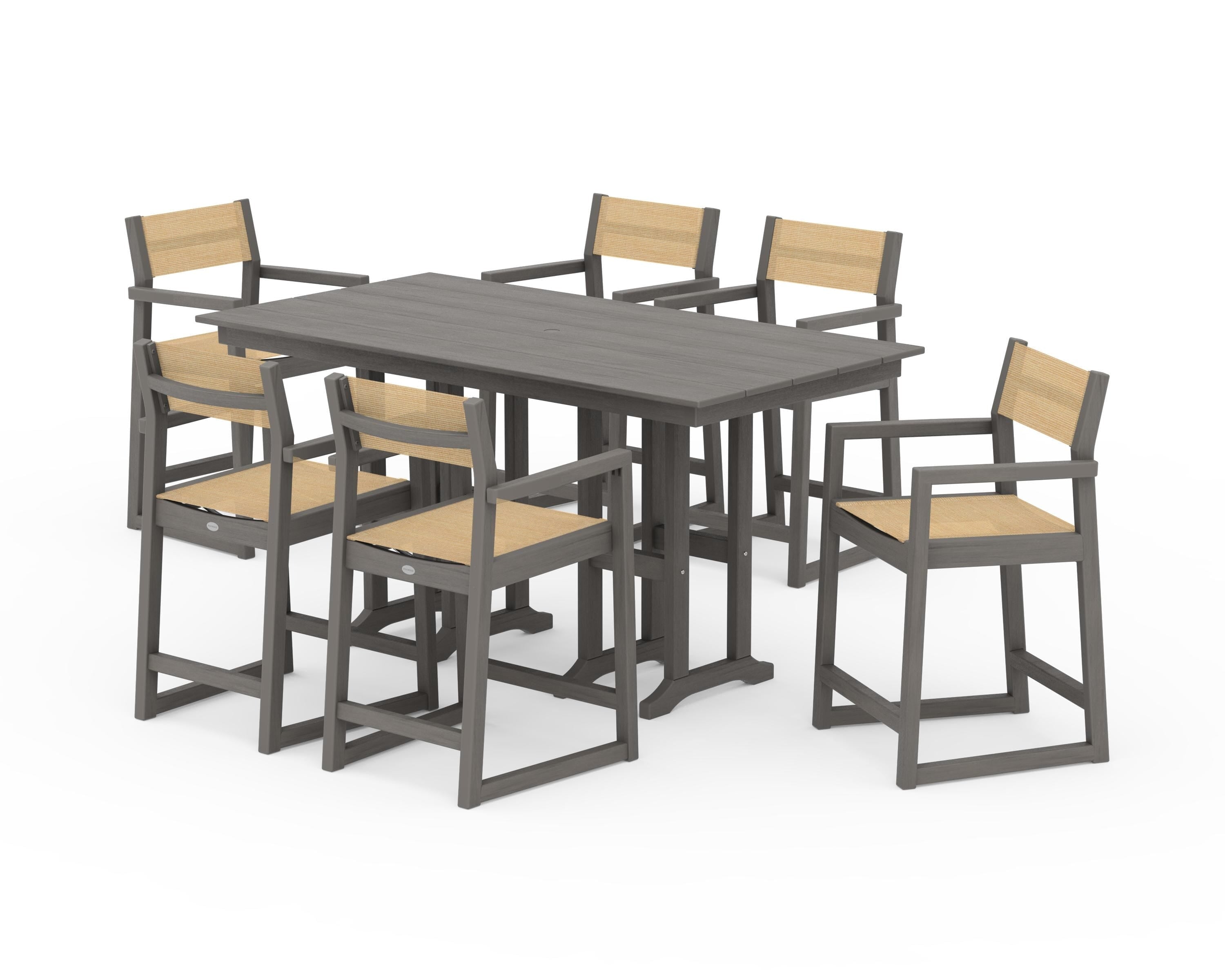 POLYWOOD EDGE Sling Arm Chair 7-Piece Farmhouse Counter Set in Driftwood / Dupioni Apricot Sling