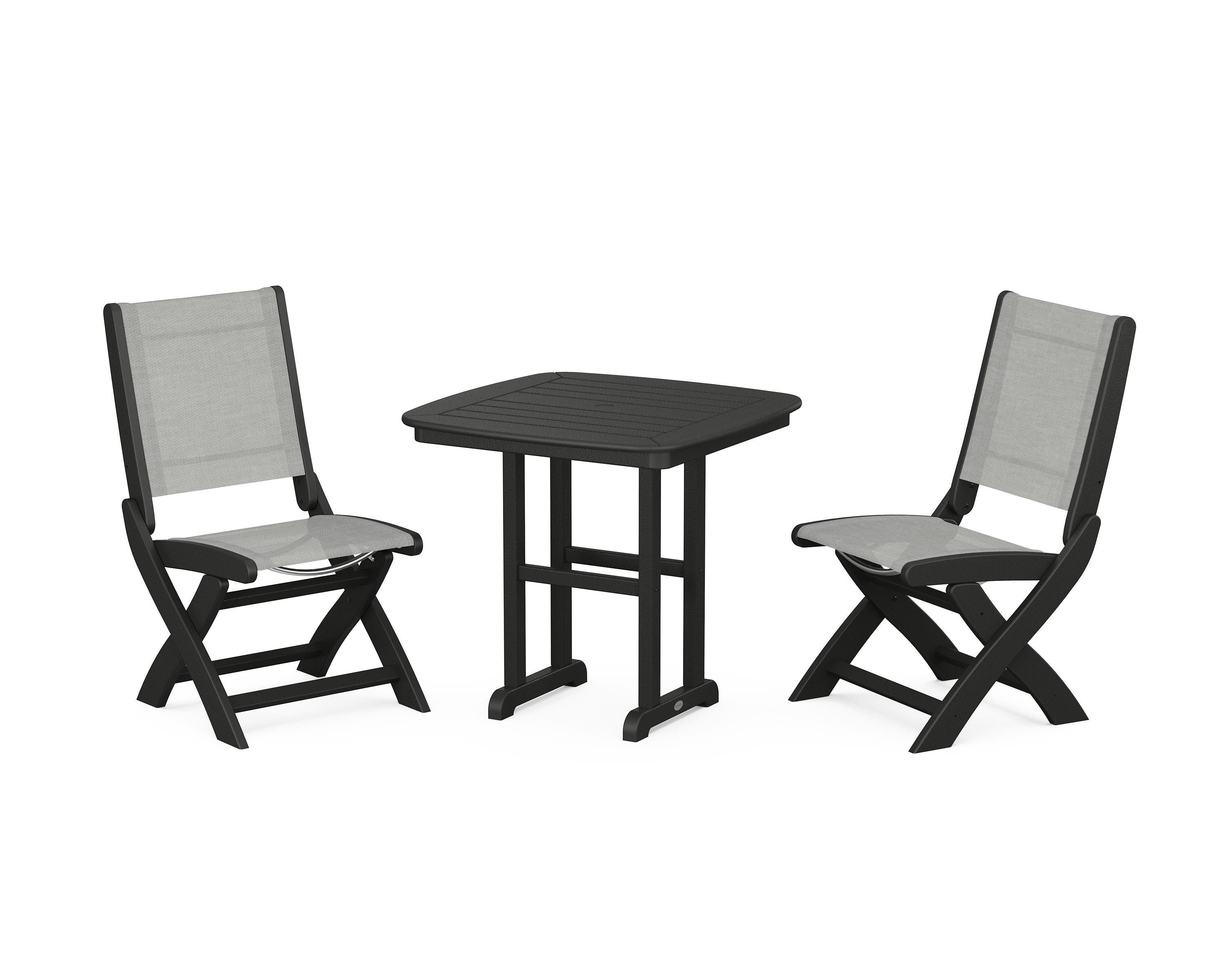 POLYWOOD Coastal Folding Side Chair 3-Piece Dining Set in Black / Metallic Sling