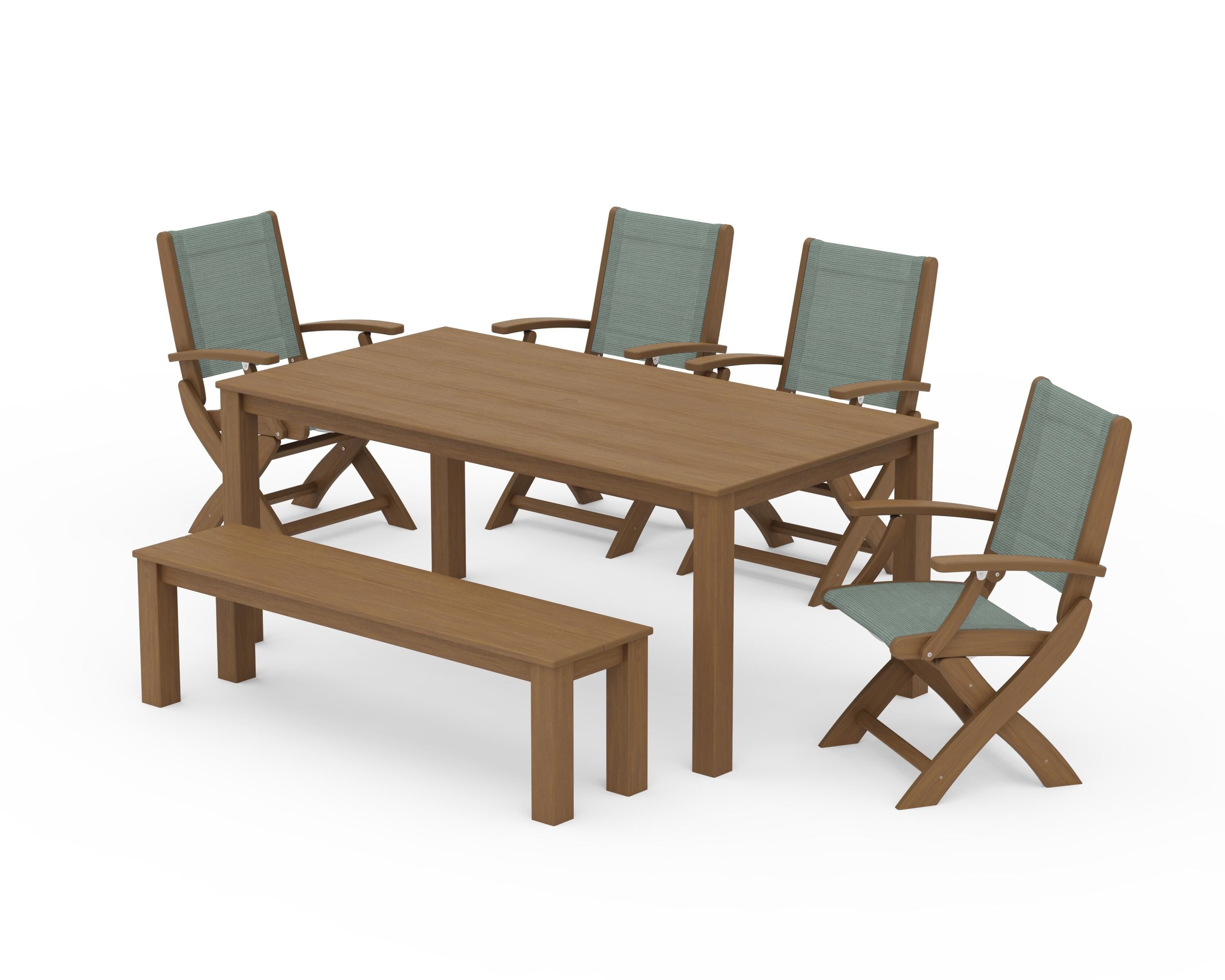POLYWOOD Coastal Folding Chair 6-Piece Parsons Dining Set with Bench in Natural / Dupioni Sea Mist Sling