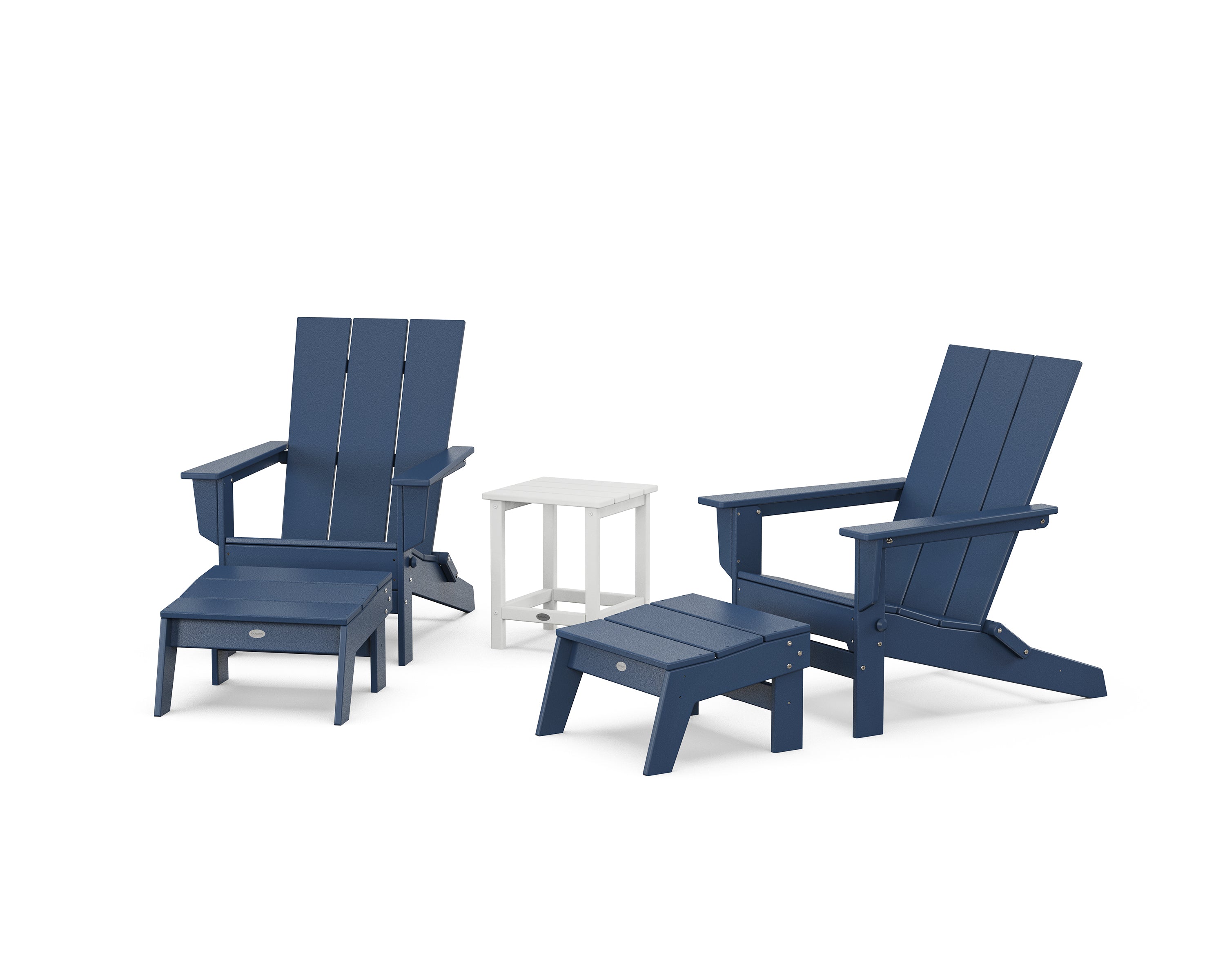 POLYWOOD® 5-Piece Modern Studio Folding Adirondack Set with Ottomans and Side Table  in Navy / White
