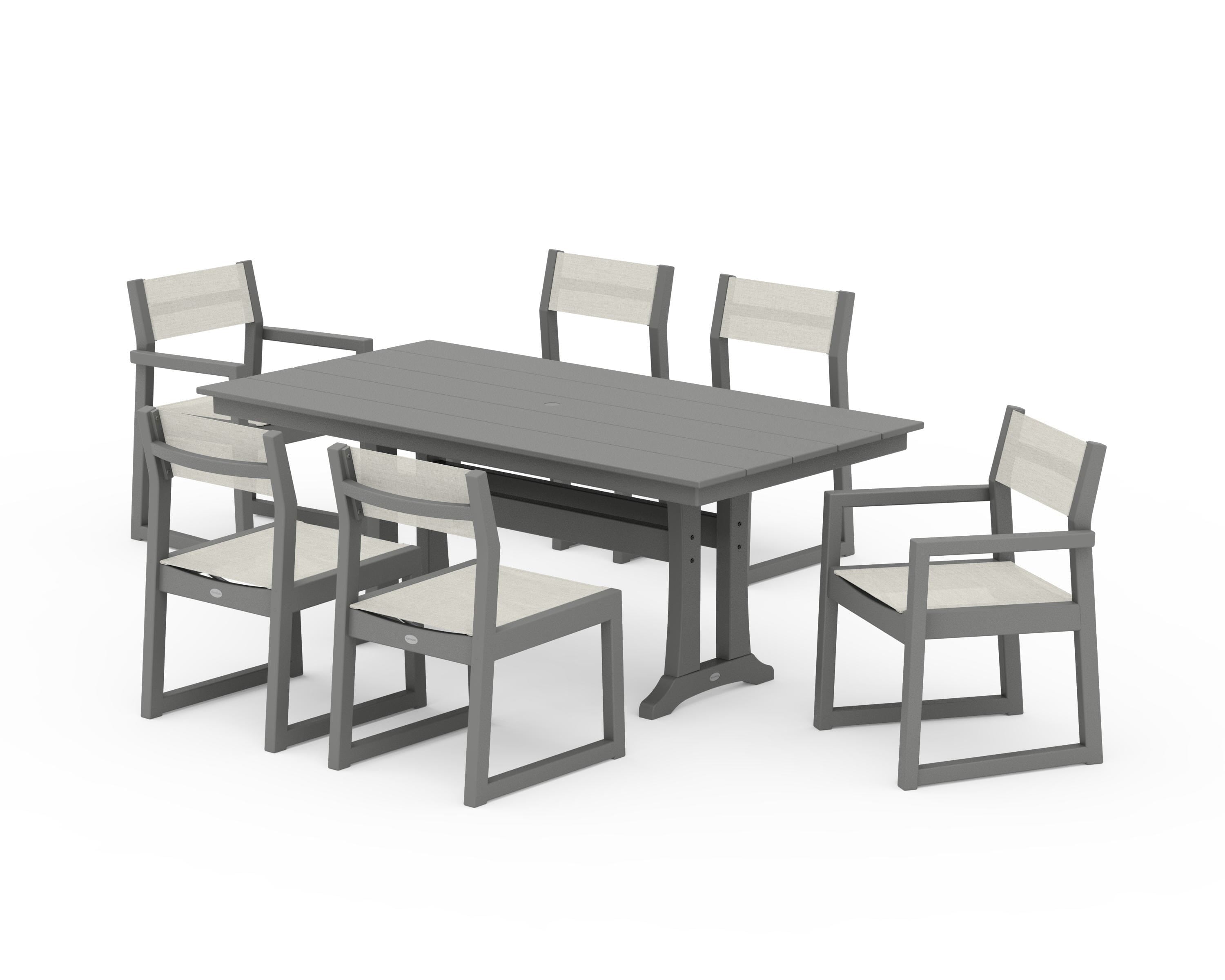 POLYWOOD EDGE Sling 7-Piece Farmhouse Trestle Dining Set in Slate Grey / Parchment Sling