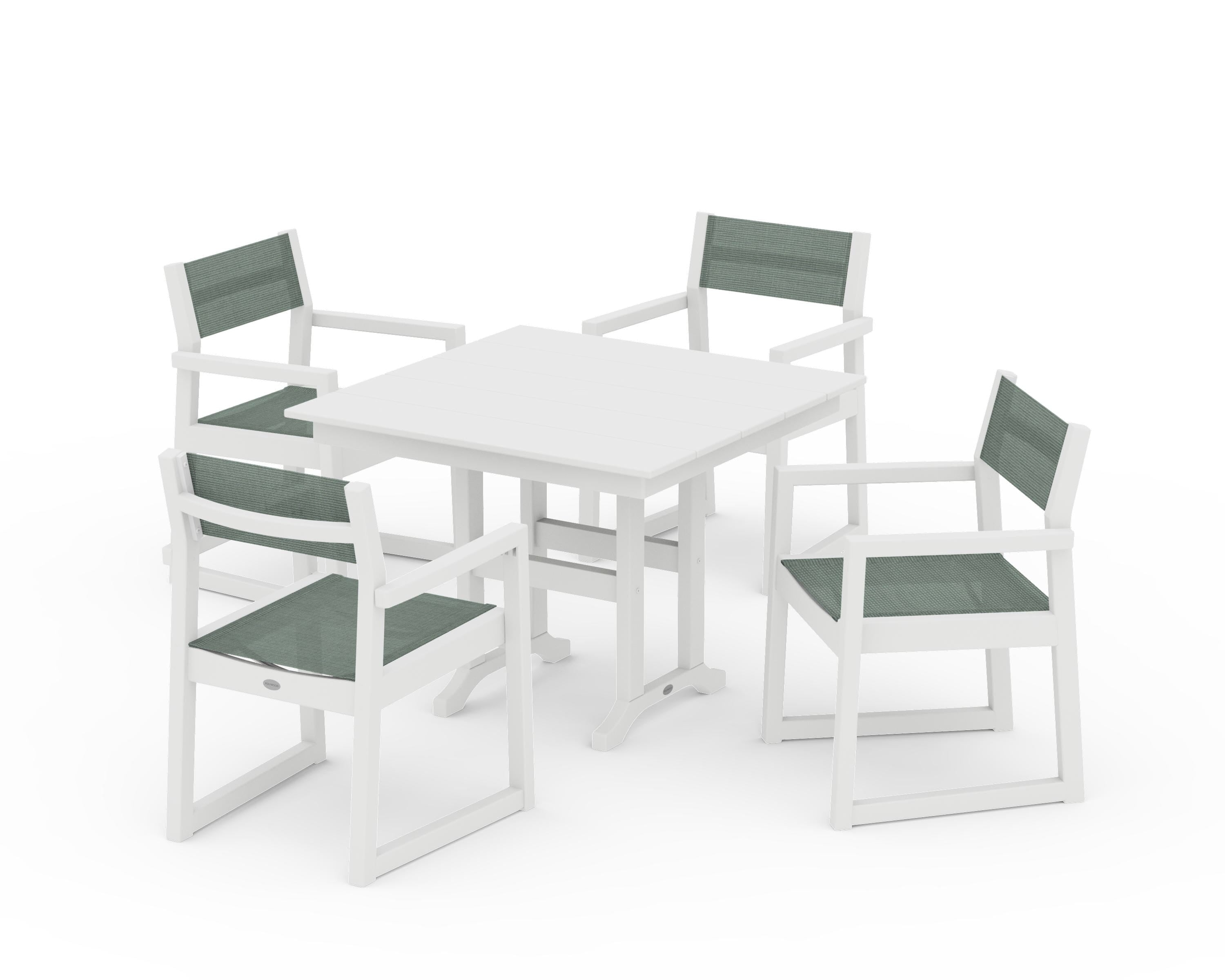 POLYWOOD EDGE Sling Arm Chair 5-Piece Farmhouse Dining Set in White / Dupioni Sea Mist Sling