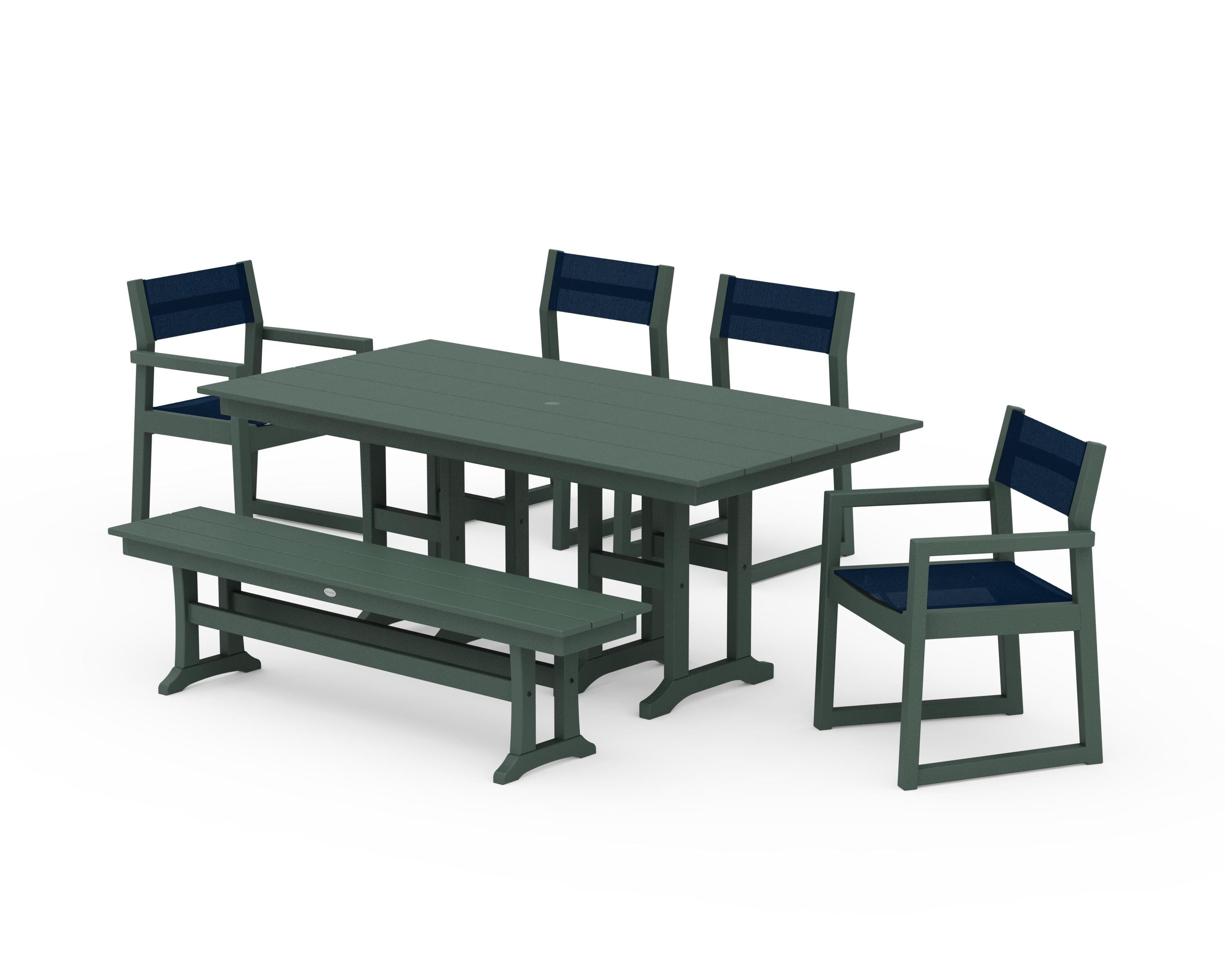 POLYWOOD EDGE Sling 6-Piece Farmhouse Dining Set in Green / Navy Blue Sling