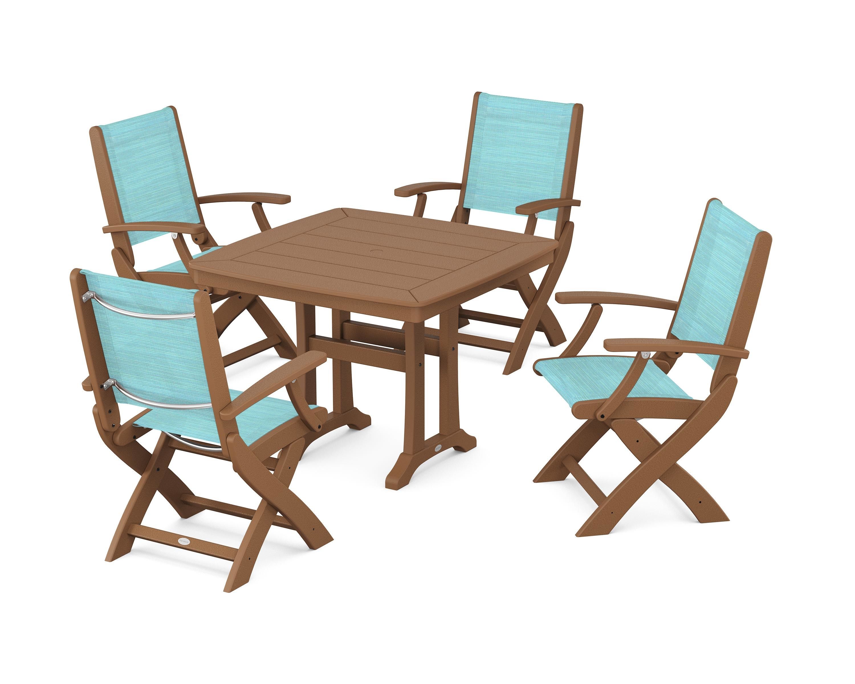 POLYWOOD Coastal Folding Chair 5-Piece Dining Set with Trestle Legs in Teak / Dupioni Aquamarine Sling