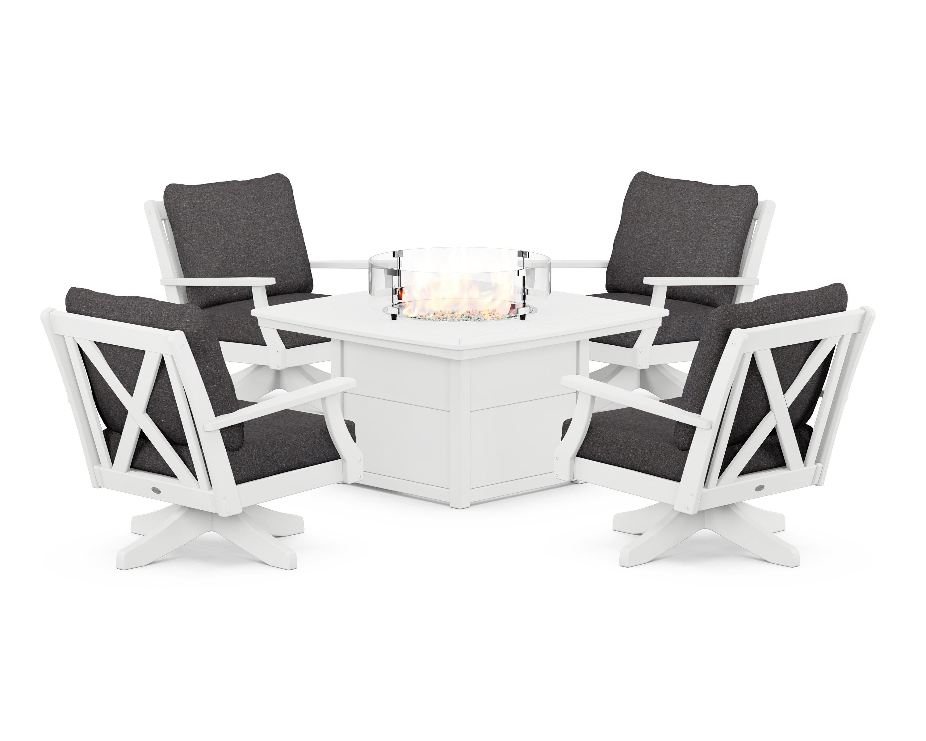 POLYWOOD Braxton 5-Piece Deep Seating Swivel Conversation Set with Fire Pit Table in White / Ash Charcoal