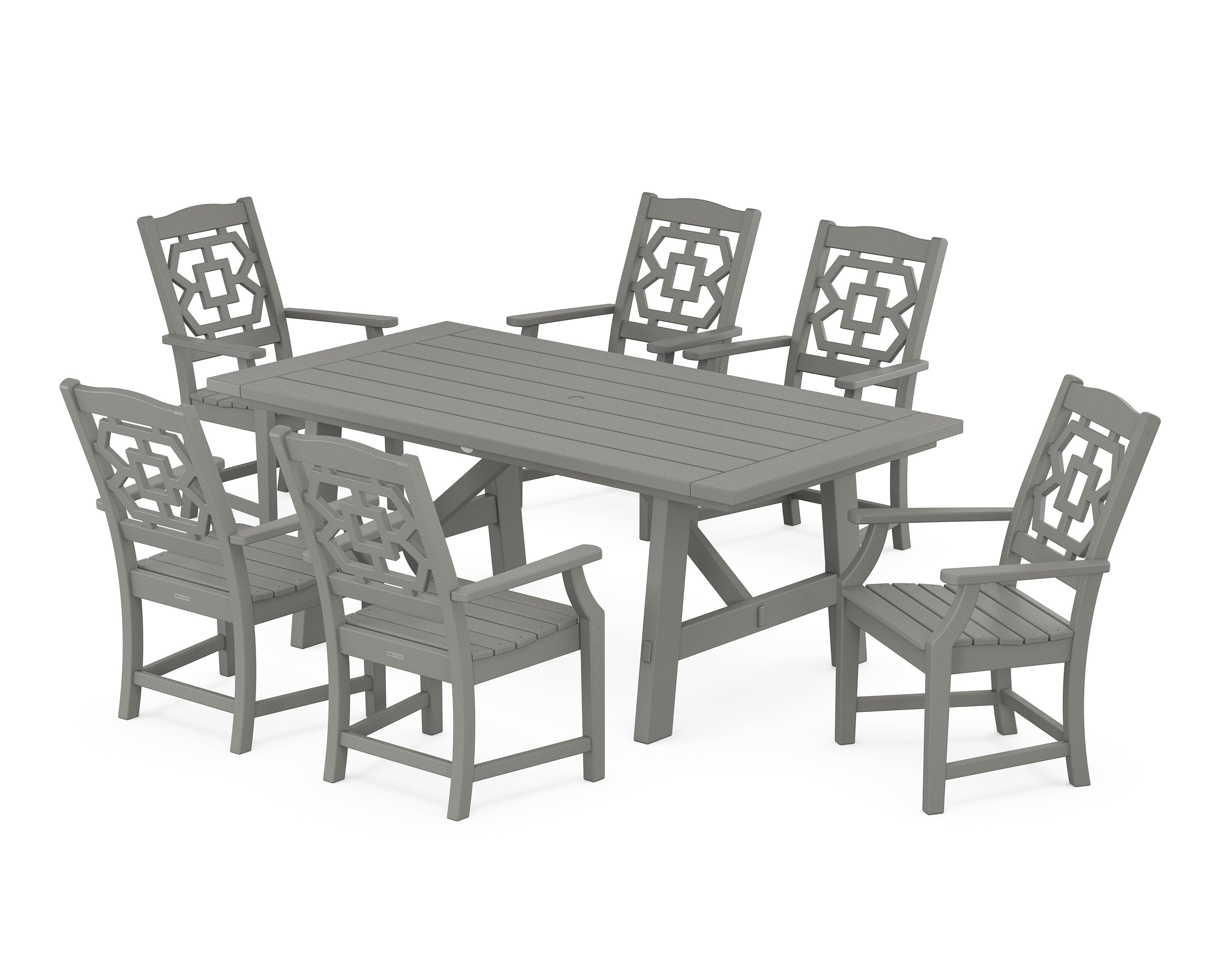 Martha Stewart by POLYWOOD® Chinoiserie Arm Chair 7-Piece Rustic Farmhouse Dining Set in Slate Grey