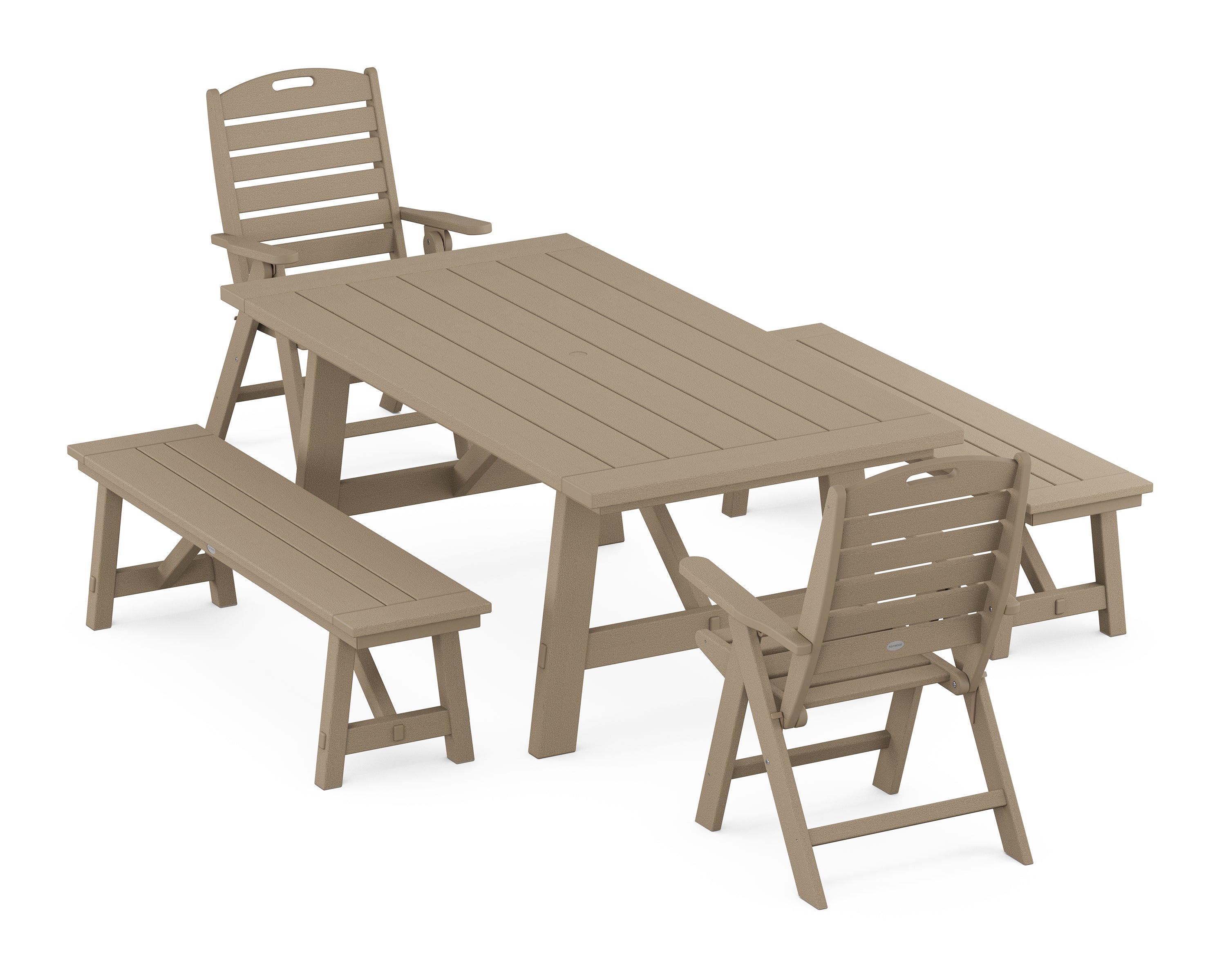POLYWOOD® Nautical Folding Highback Chair 5-Piece Rustic Farmhouse Dining Set With Benches in Vintage Sahara
