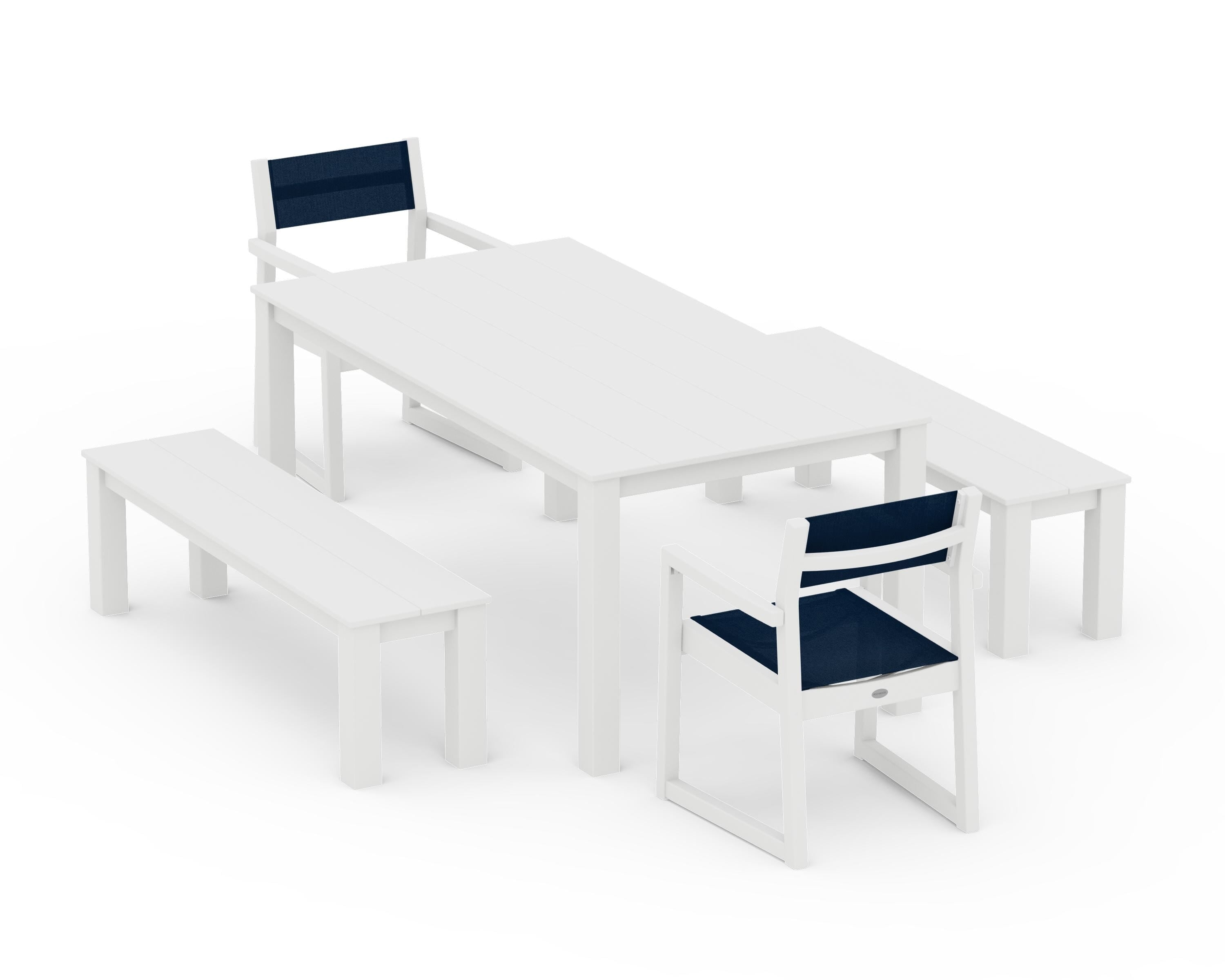 POLYWOOD EDGE Sling Arm Chair 5-Piece Parsons Dining Set with Benches in White / Navy Blue Sling