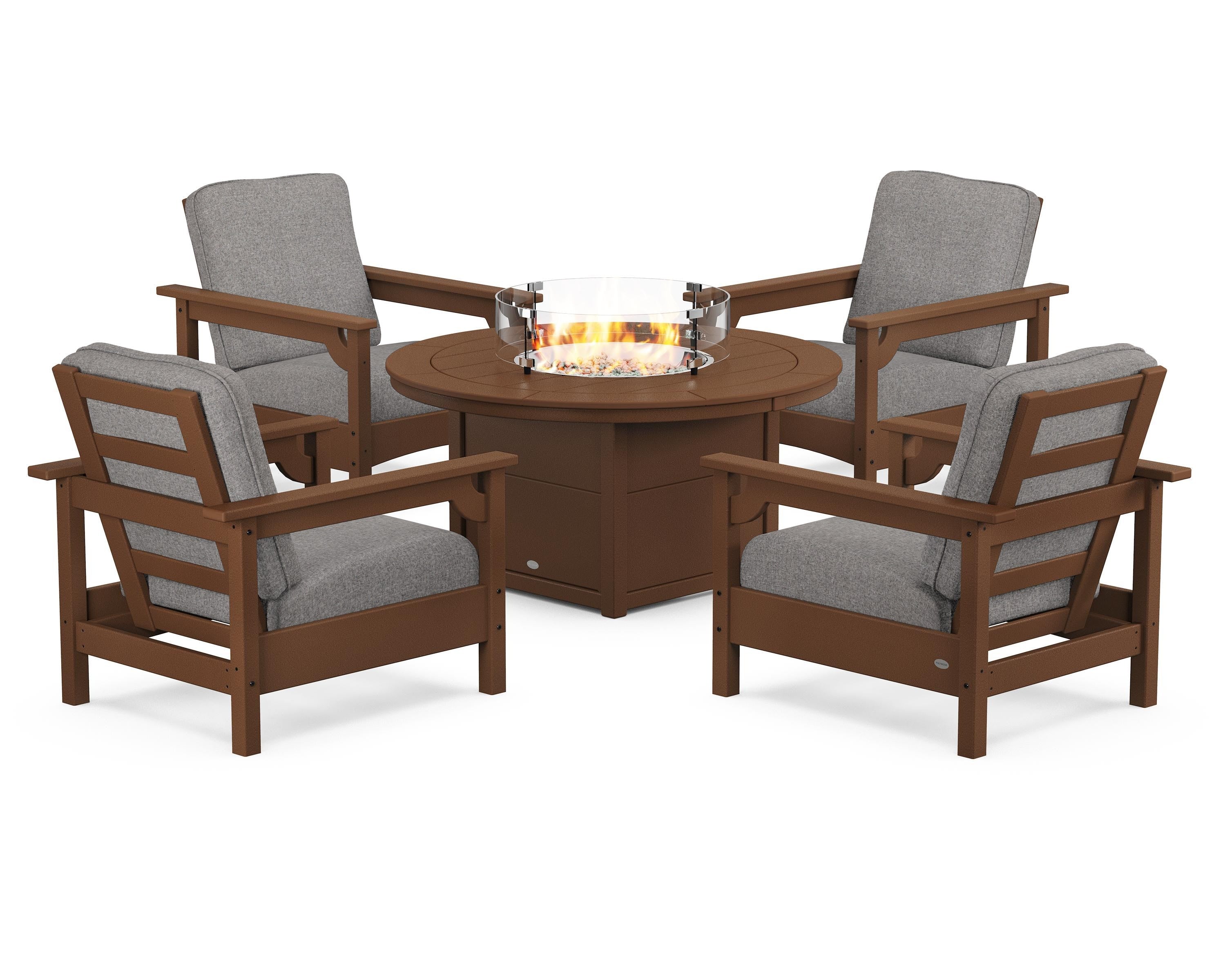 POLYWOOD Club 5-Piece Conversation Set with Fire Pit Table in Teak / Grey Mist