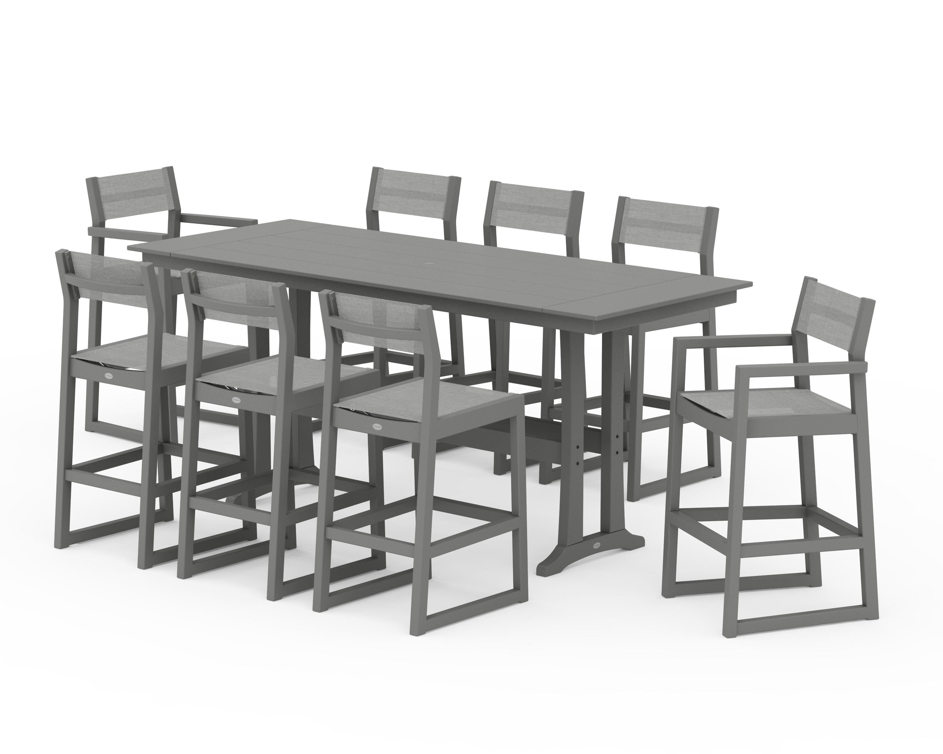 POLYWOOD EDGE Sling 9-Piece Farmhouse Bar Set with Trestle Legs in Slate Grey / Metallic Sling