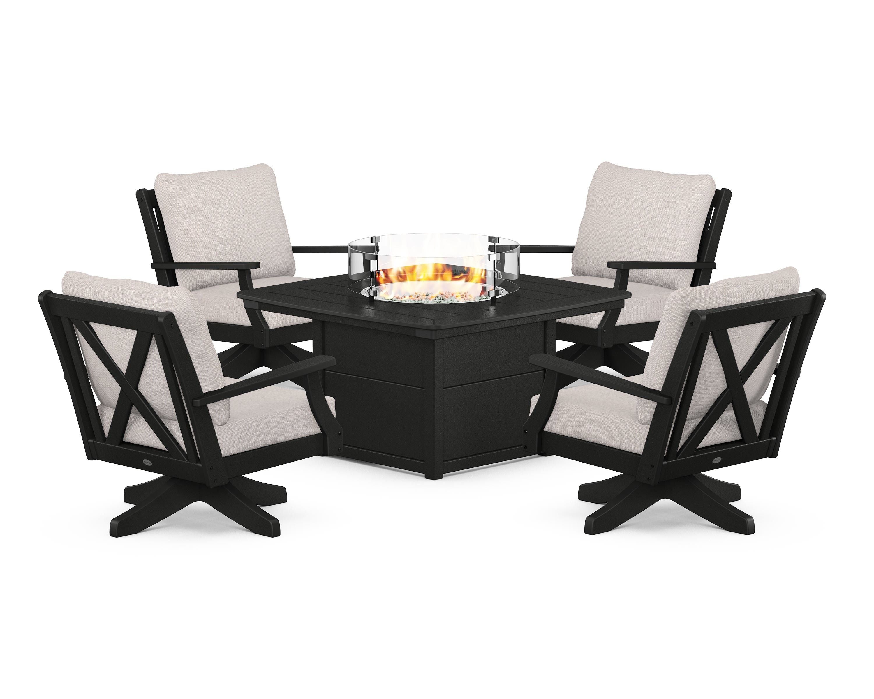 POLYWOOD Braxton 5-Piece Deep Seating Swivel Conversation Set with Fire Pit Table in Black / Dune Burlap