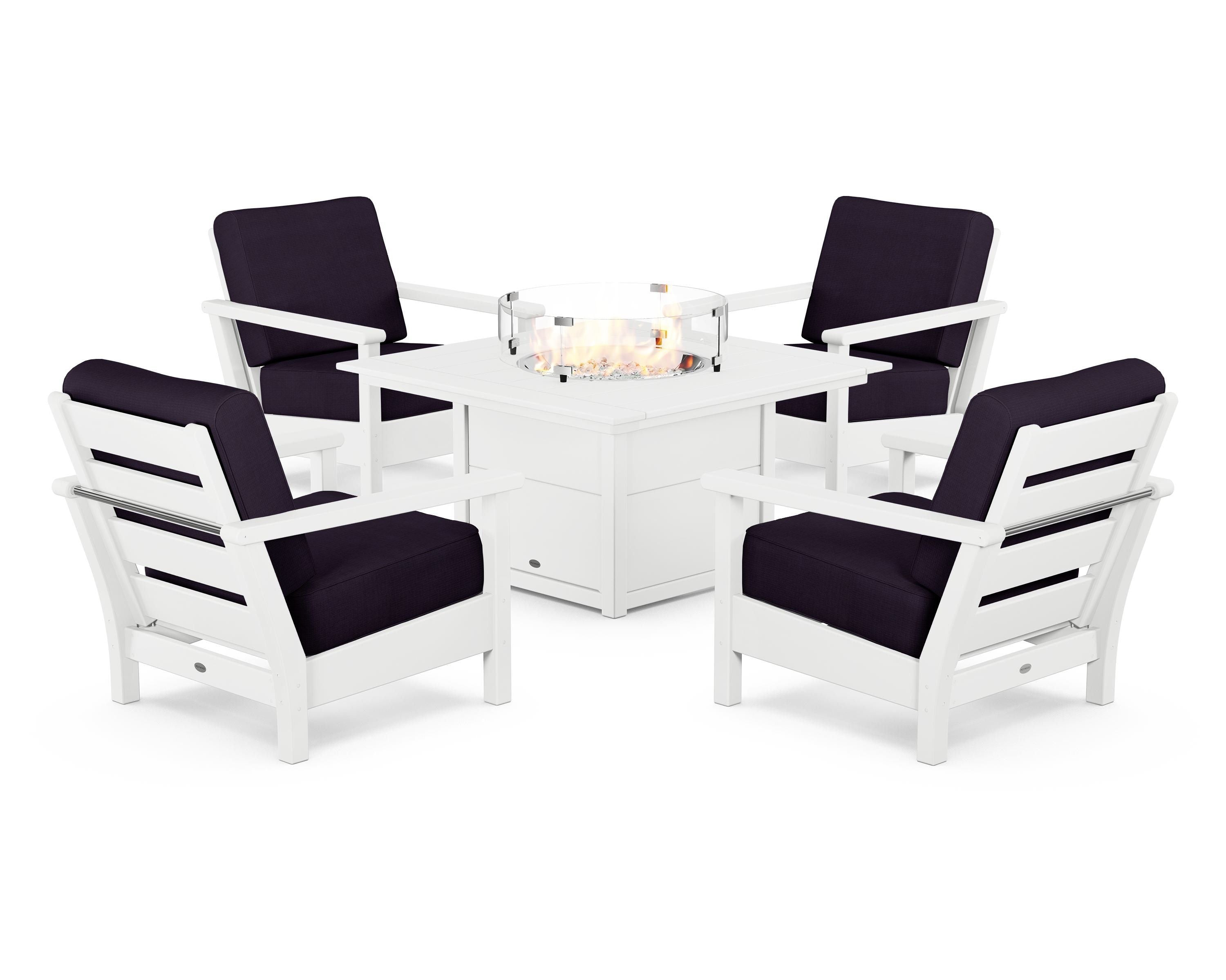 POLYWOOD Harbour 5-Piece Conversation Set with Fire Pit Table in White / Navy Linen