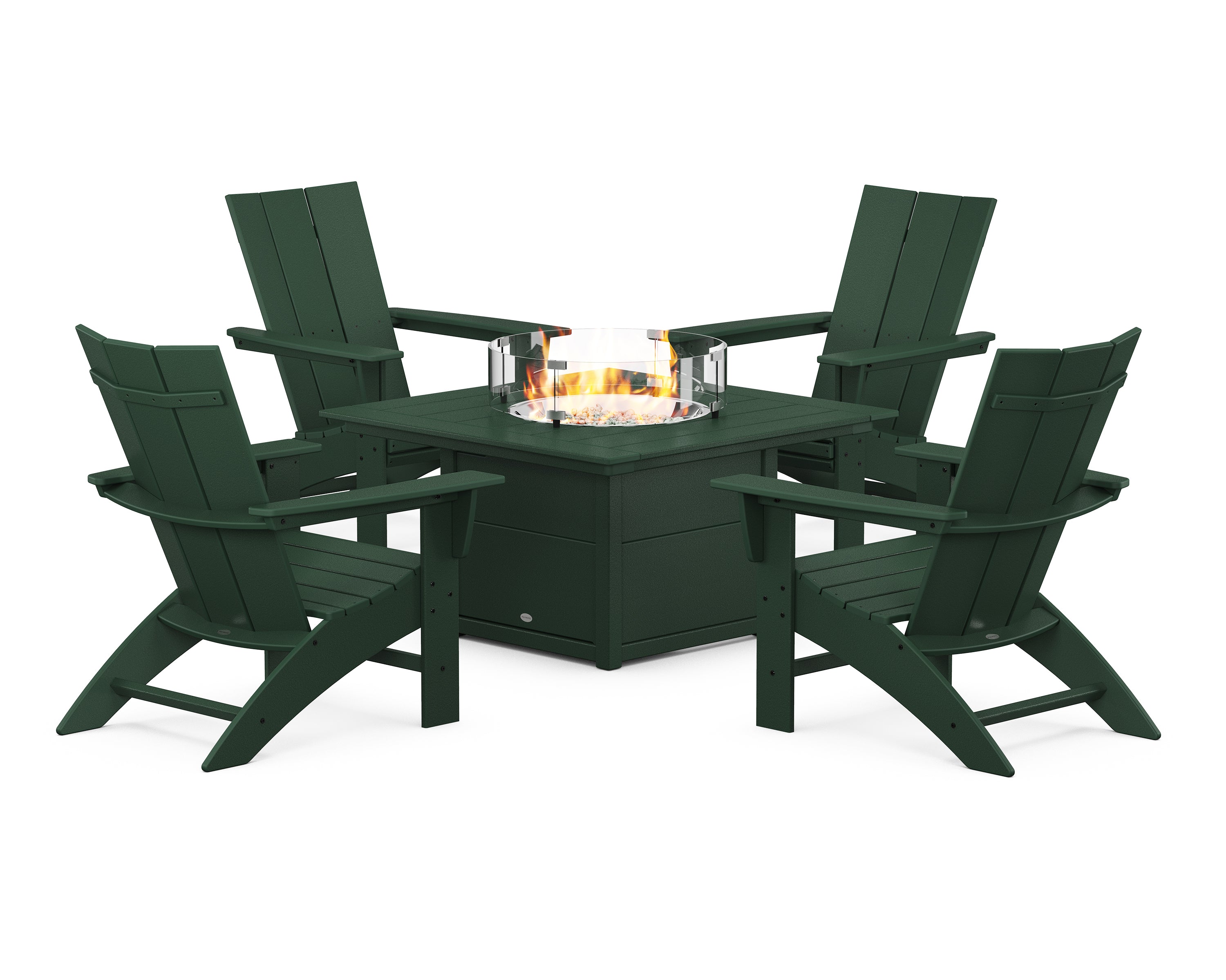 POLYWOOD® Modern Curveback Adirondack 5-Piece Conversation Set with Fire Pit Table in Green