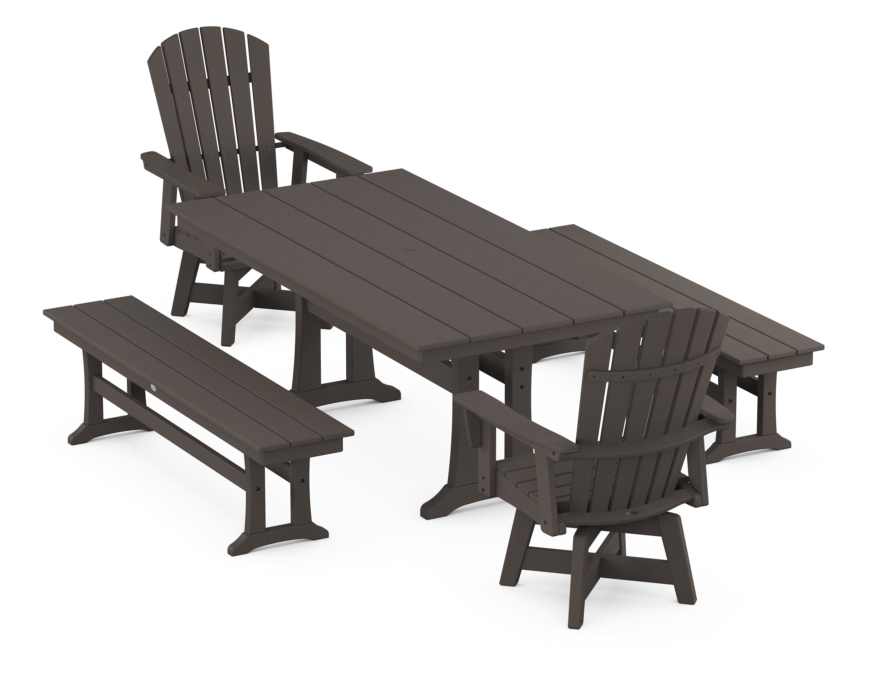 POLYWOOD® Nautical Curveback Adirondack Swivel Chair 5-Piece Farmhouse Dining Set With Trestle Legs and Benches in Vintage Coffee