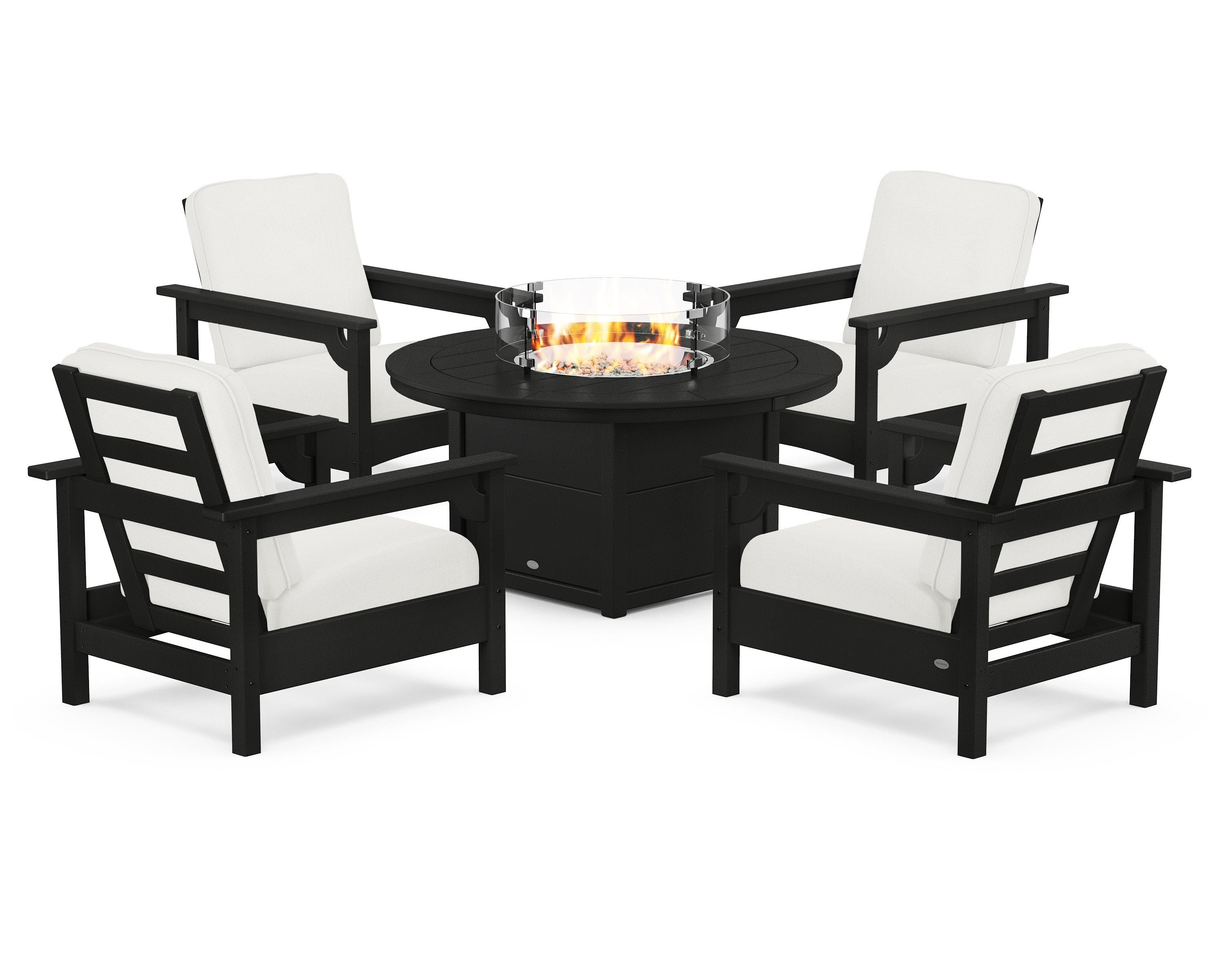 POLYWOOD Club 5-Piece Conversation Set with Fire Pit Table in Black / Natural Linen